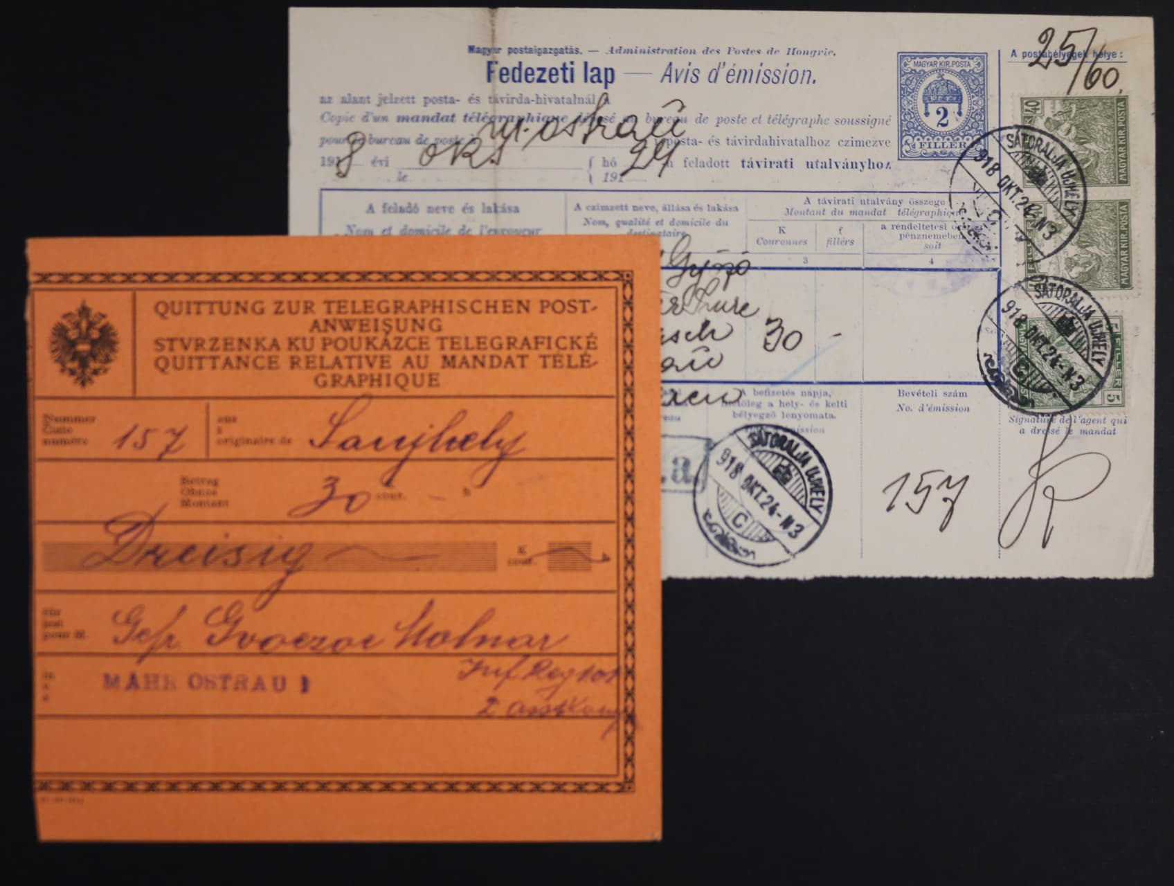 Předběžné - telegraf. podatka 2 fil. dofrank. s pod. raz. SATORALJA UJELI NOVEMESTO POD S. 24.OKT.1918 + Stvrzenka ku poukázce telegrafické s přích. raz. MORAVSKA OSTRAVA 25.10.18, zajímavé
