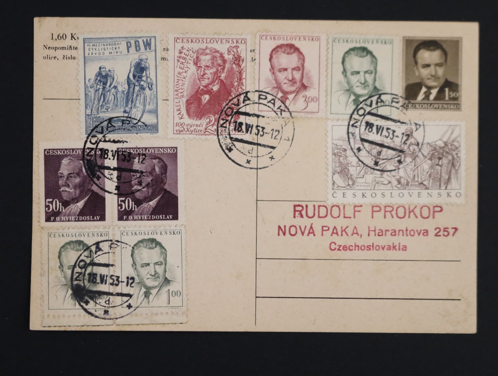 Měnová reforma - KL CDV 109 s pestrou frankaturou, pod. raz. NOVÁ PAKA 18.6.53 - poslednÍ den
