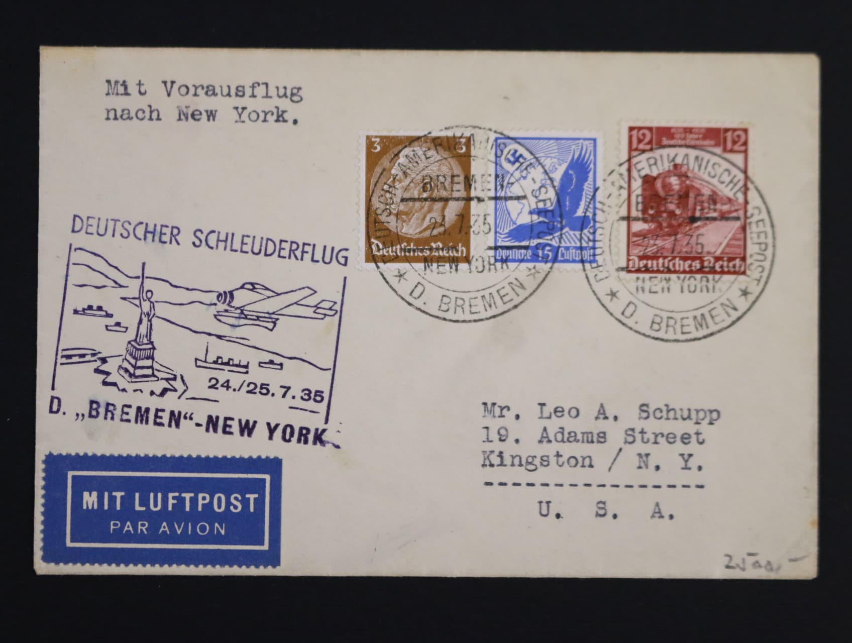 Německo - dopis do USA s pod. raz. DEUTSCH-AMERIKANISCHE SEEPOST D. BREMEN 23.7.35 přepr. katapult. poštou s fialovým kašetem