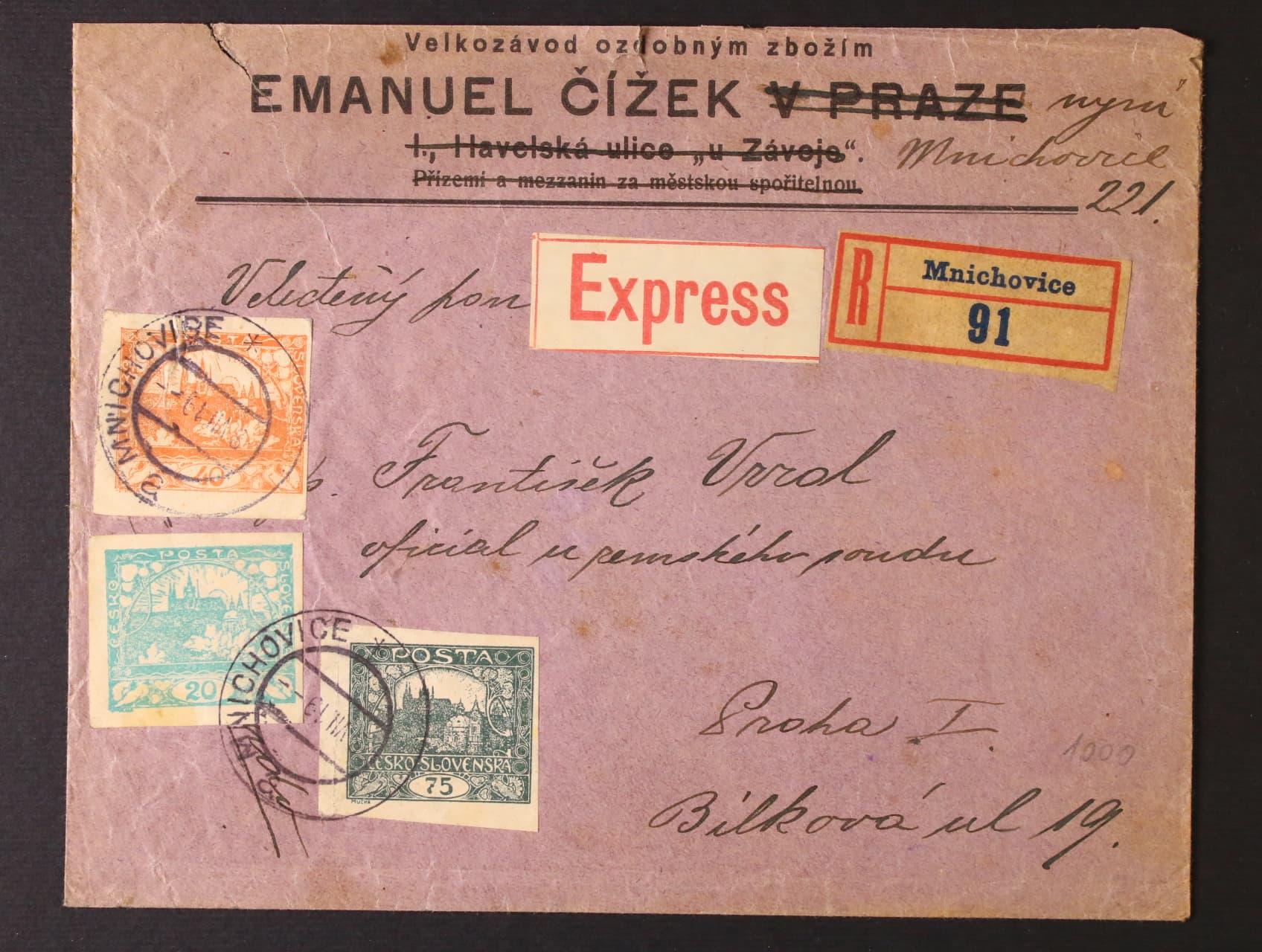 firemní R-EXPRES dopis do Prahy frank. zn. č. 8, 14, 18, pod. raz. MNICHOVICE 8.7.19, na horním okraji natržený