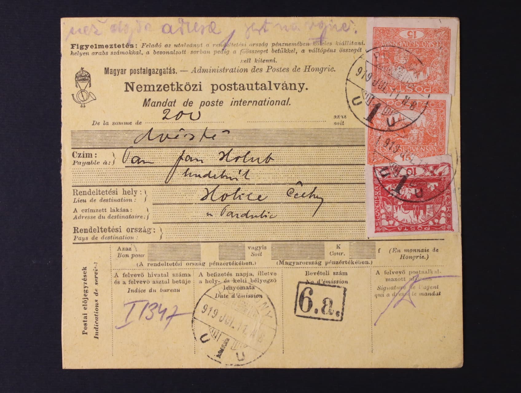 sestava 3 ks dvoudílných průvodek z r. 1919 s raz. ALSOKUBIN, KASSA, POZSONY, zajímavé