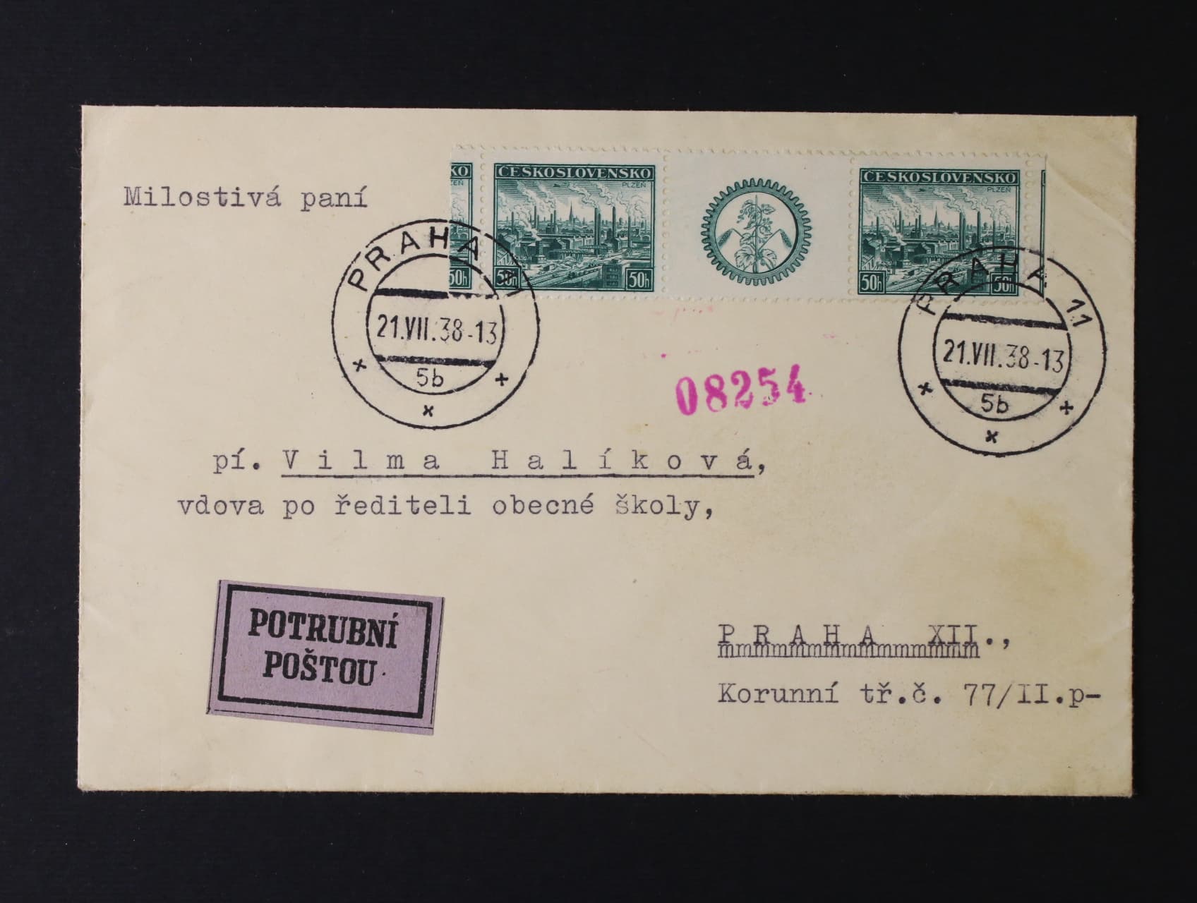 dopis přepr. potrubní poštou frank. zn. č. 344 Mv, pod. raz. PRAHA 11 21.7.38, zajímavé