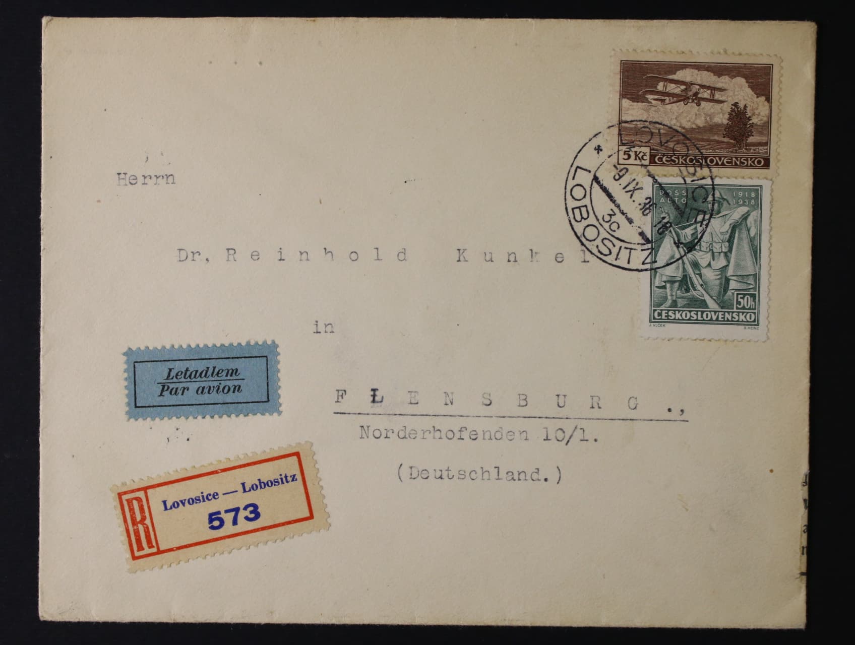 R-let. dopis do Německa z r. 1938 frank. mj. zn. L č. 12, průch. a přích. raz.