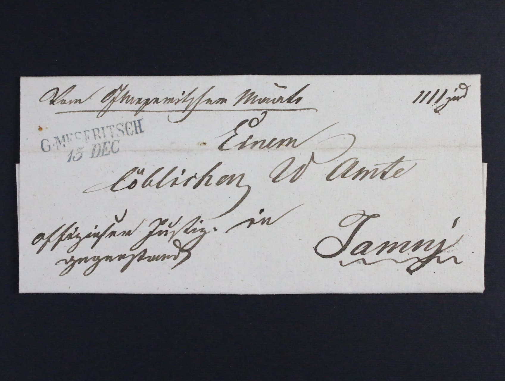 skl. dopis z r. 1826 s modrým řádk. pod. raz. G. MESERITSCH 15.DEC., vodorovný registr. lom, zajímavé