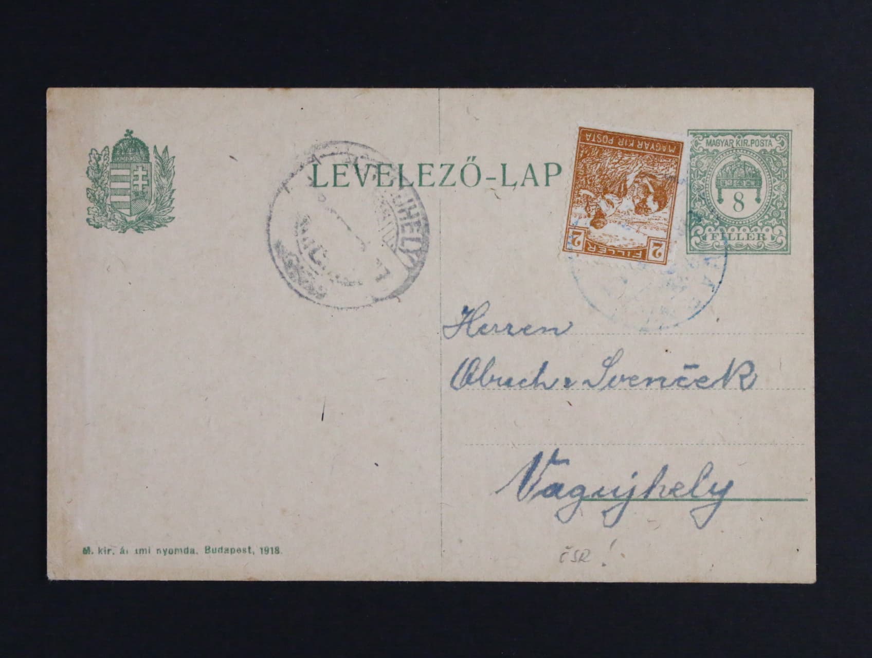 maď. KL 8fil. cís. koruna dofrank. maď. zn. Mi. č. 190 s modrým pod. raz. VÁRNA 2 (Varin) 27.10.1918, přích. raz. VAGUJHELY (Nové Město n. Váhom) 28.10.18 - poslední den R-U, první den ČSR