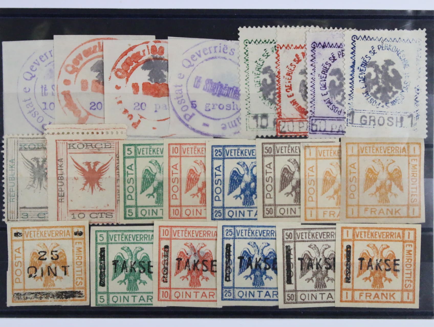zn. Mi. č. 18, 19 (2x), 22, 24 - 27, lokální zn. Republik Korca Mi. č. 5 a 7, dále Republik Mirditische - 12 ks zn. 5Qintar - 1F
