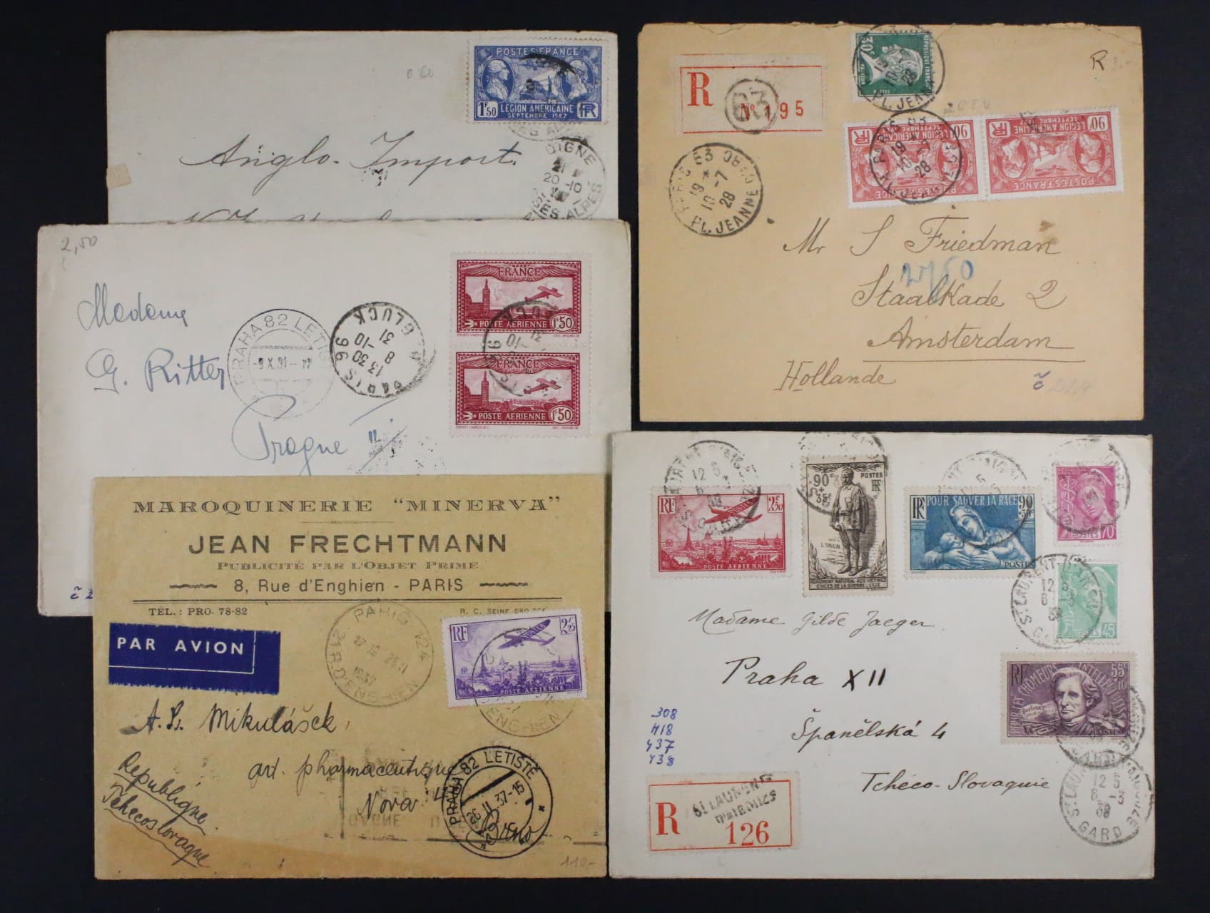 sestava 5 letecky přepravených celistvostí (2x RECO) z let 1928 - 38, zajímavé frankatury, mj. se zn. Mi. č. 307, 308, pod. a přích. raz.