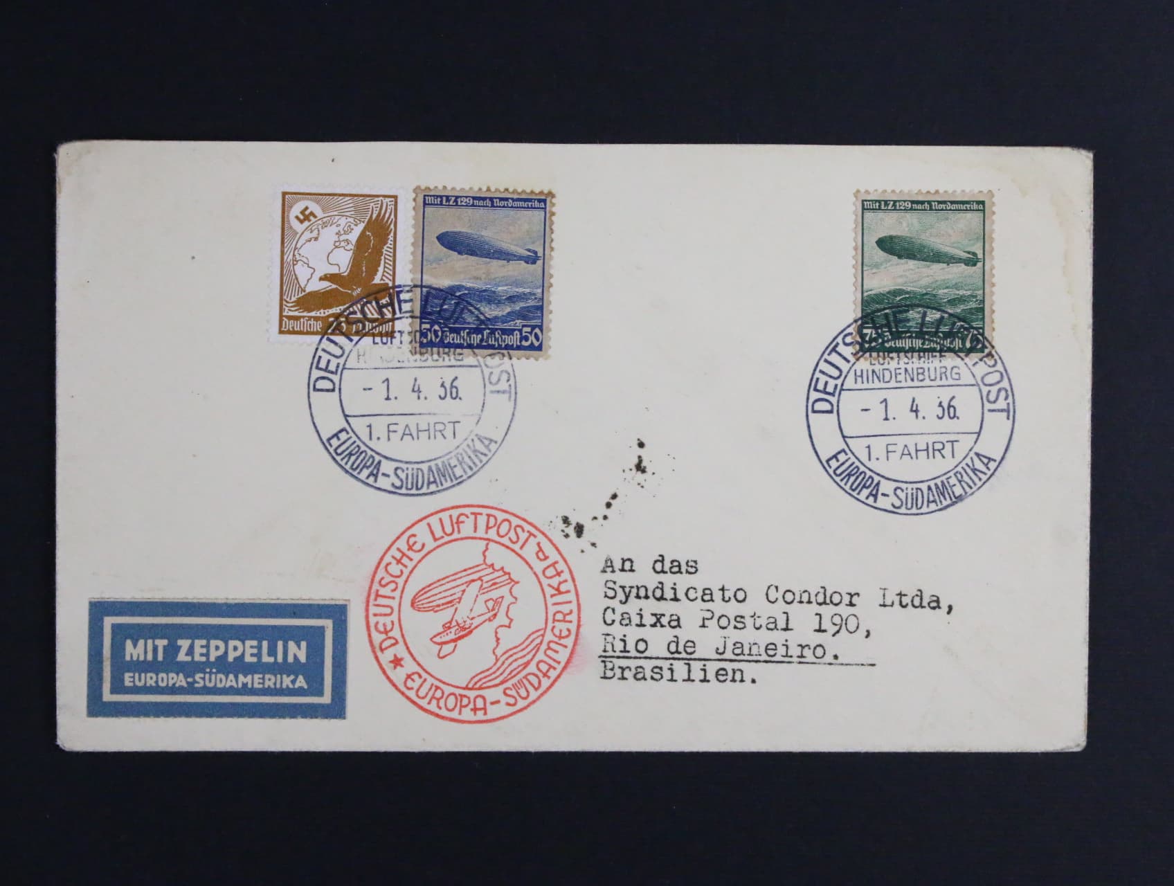 Německo - dopis do Brazílie se zn. Mi. č. 533, 606 a 607 s pod. raz. DEUTSCHE LUFTPOST EUROPA-SÜDAMERIKA LUFTSCHIFF HINDENBURG 1. FAHRT 1.4.36, na zadní straně příchozí razítko