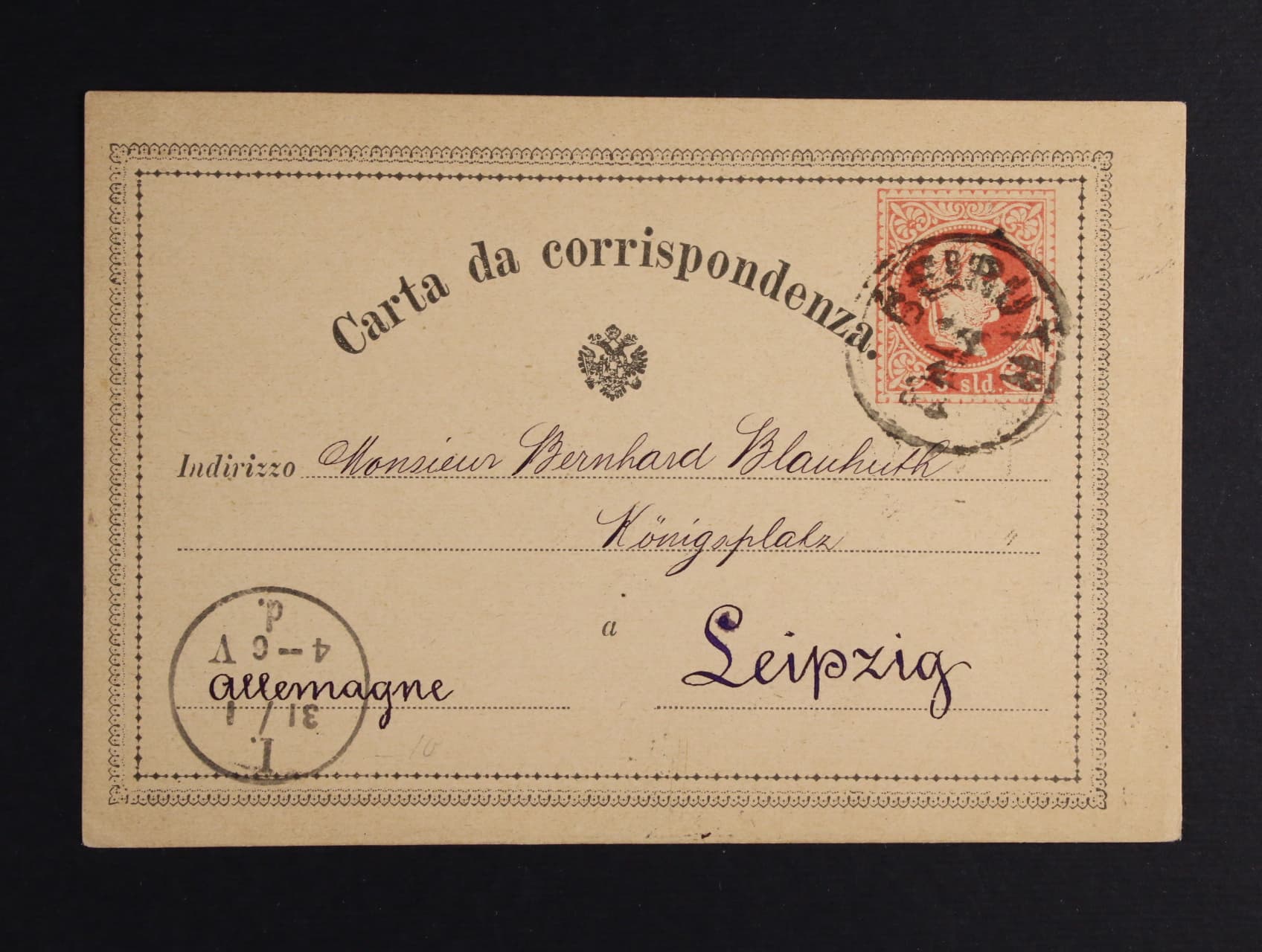 celina Mi. P 2 zaslaná do Lipska, pod. raz. BEIRUTH 16.1.1892 + průch. raz., lux. kvalita