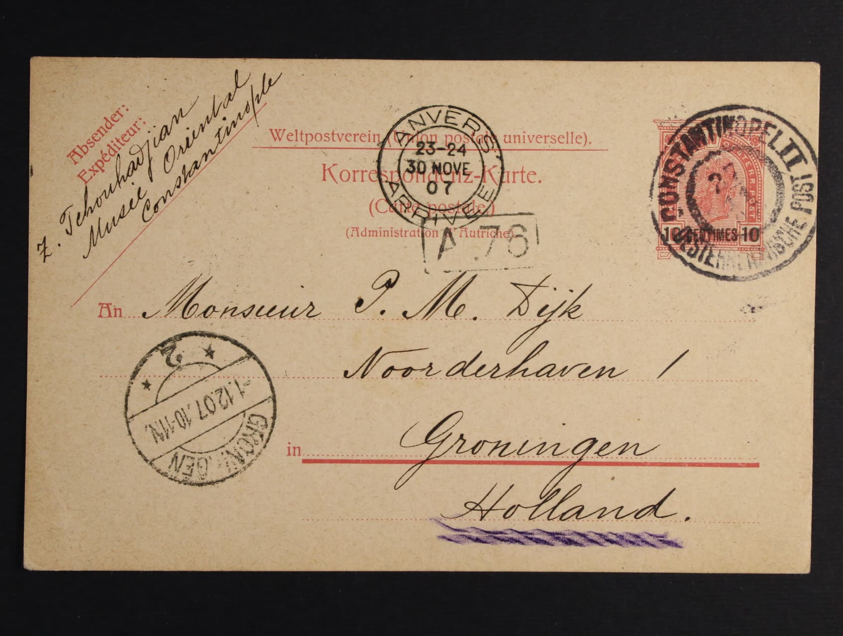 celina Mi. P 22 do Holandska, pod. raz. CONSTANTINOPEL II 27.11.1907 + průch. a přích. raz.
