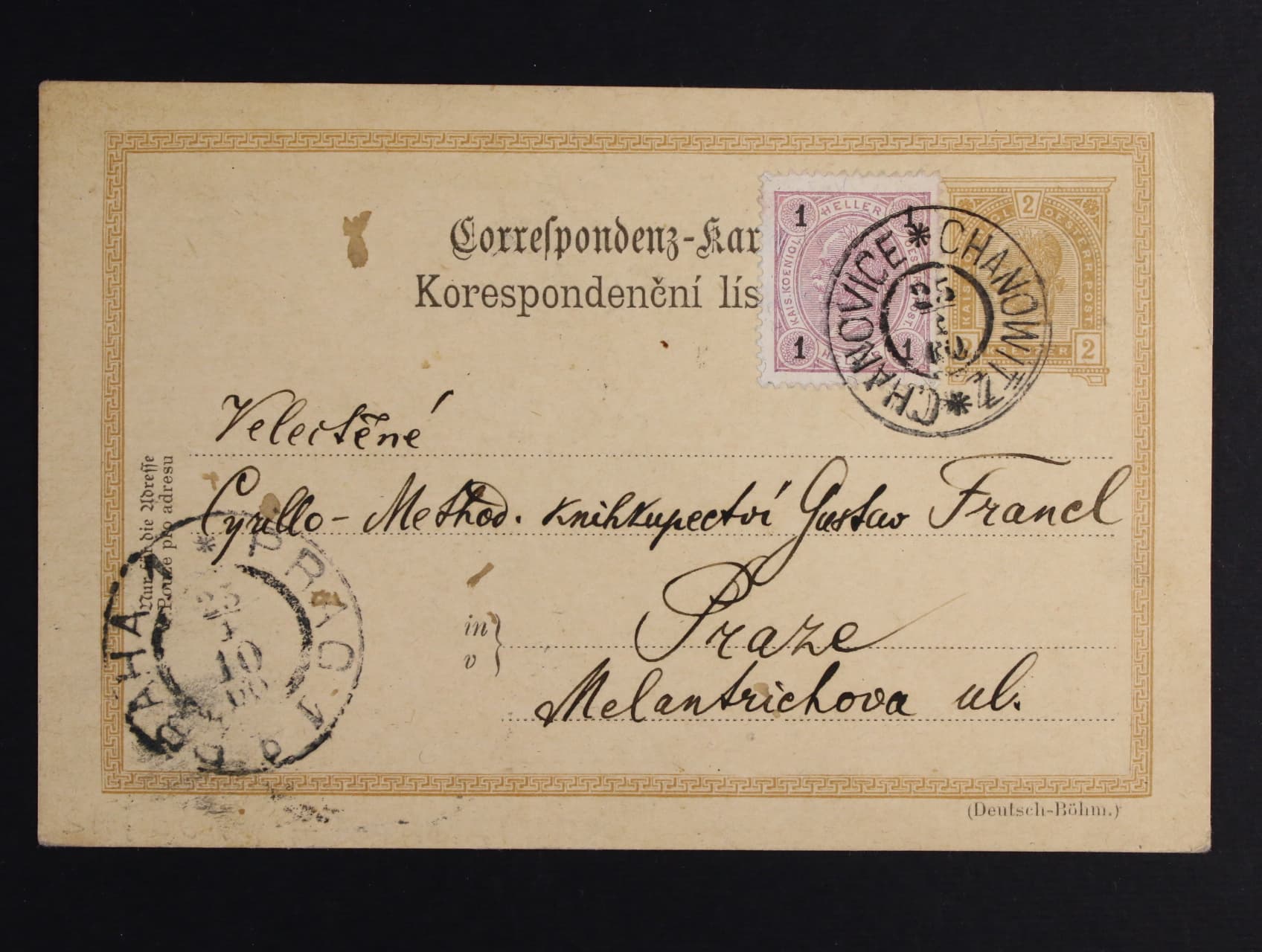 KL se smíš. frankaturou 2kr F.J. + zn. Fe. č. 69, 1hal, pod. raz. CHANOWITZ 25.1.1900, zajímavé