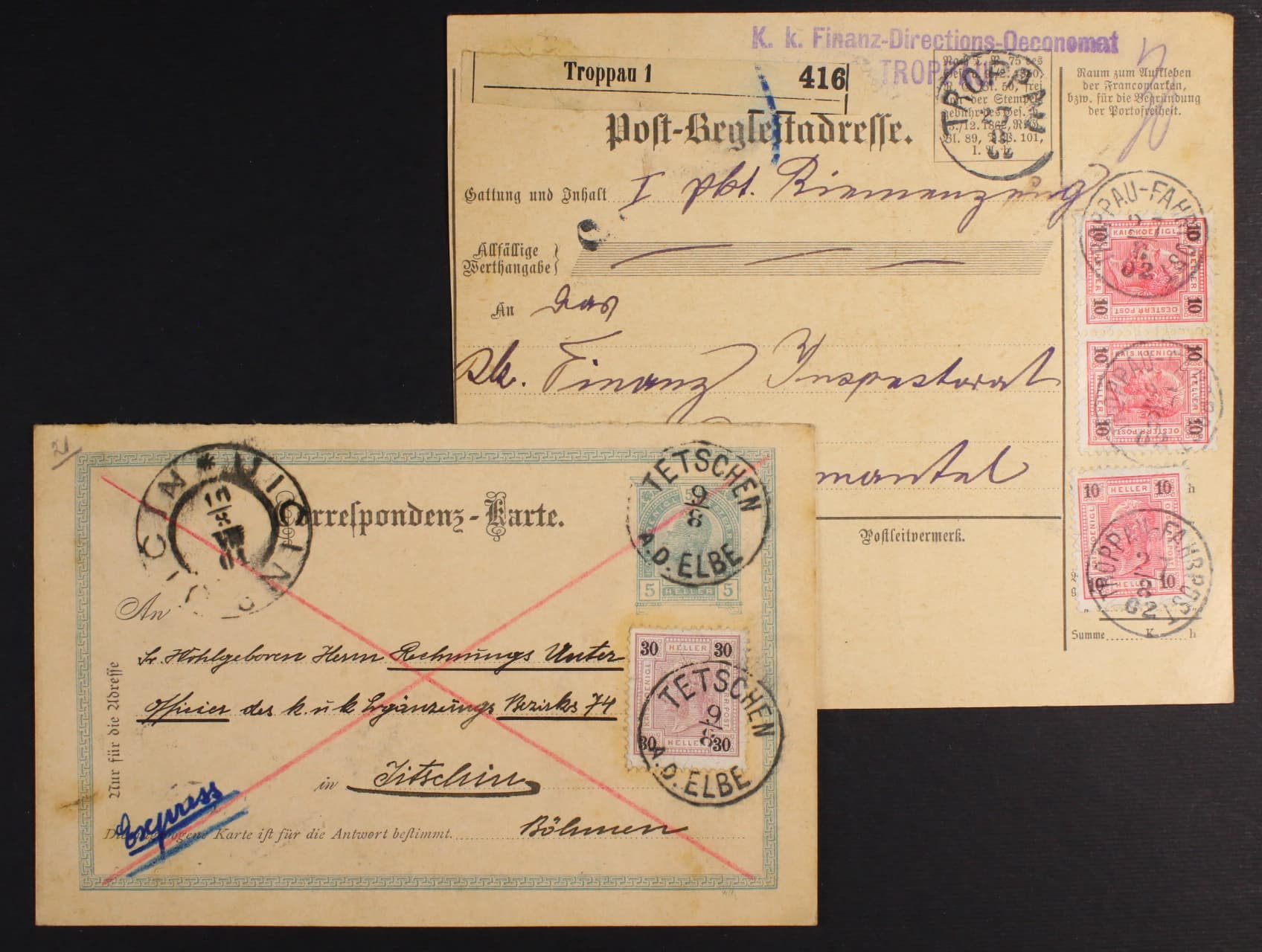 dvoudílná pošt. průvodka frank. zn. Fe. č. 74 (3x), pod. raz. TROPPAU - FAHRPOST 27.8.02 a KL se smíš. frankaturou 5kr F.J., dofrank. zn. Fe. č. 77 (30h), pod. raz. TETSCHEN A.D. ELBE 9.8.+ přích. raz