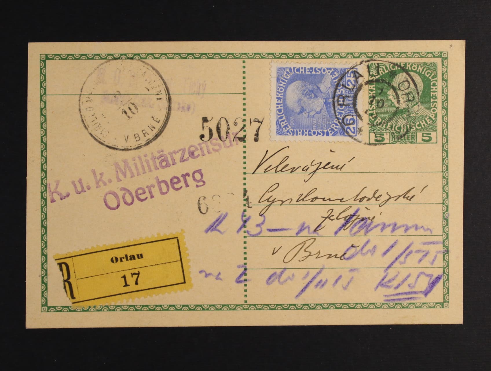 R-KL s natištěnou zn. 5h F.J., vydání 1908, dofrank. zn. Mi. č. 147, pod. raz. ORLAU 1.10. 1915, přích. raz. CYRILOMETODĚJSKÁ ZÁLOŽNA V BRNĚ 2.10. + řádk. raz. K.u.K. Militärzensur Oderberg