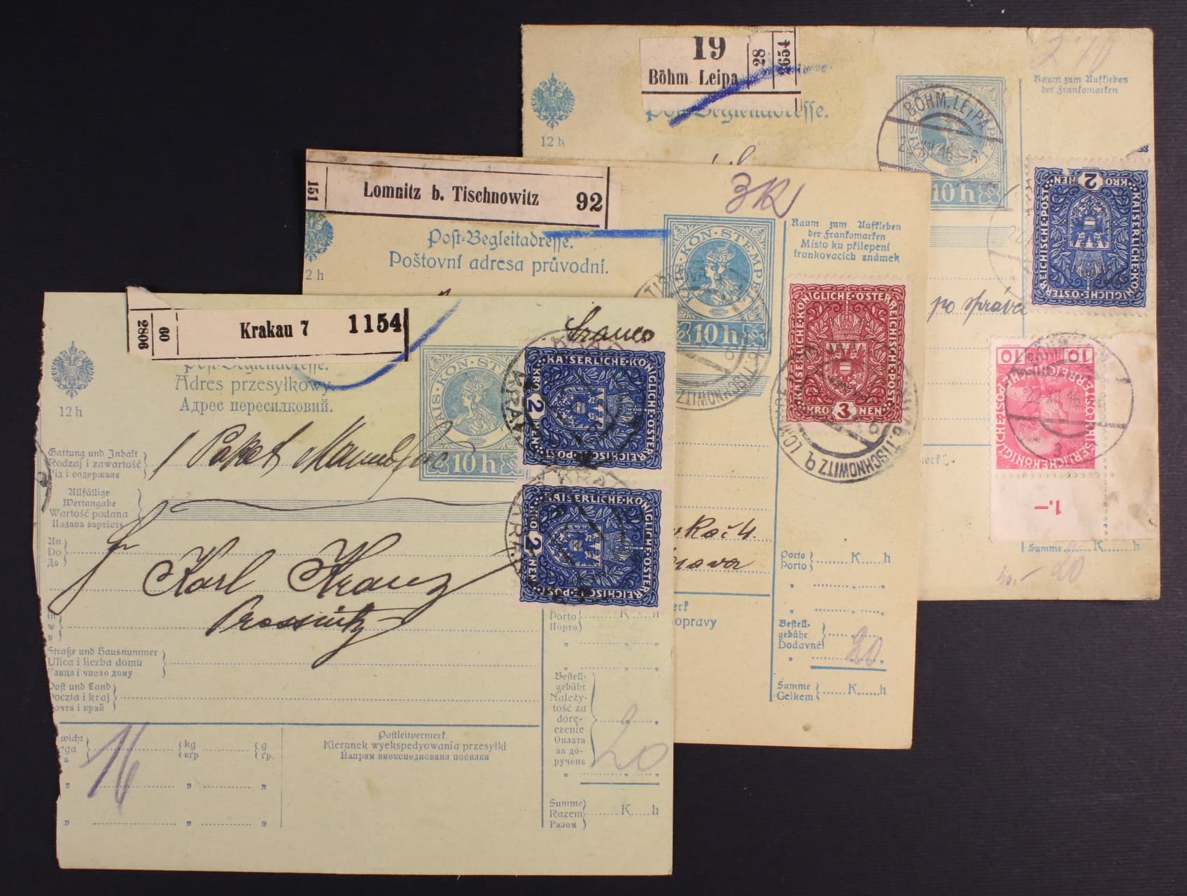 sestava 3 ks dvoudílných pošt. průvodek z let 1910 - 16, frank. mj. zn. Mi. č. 200 I, 201 I, pod. raz. z českého území