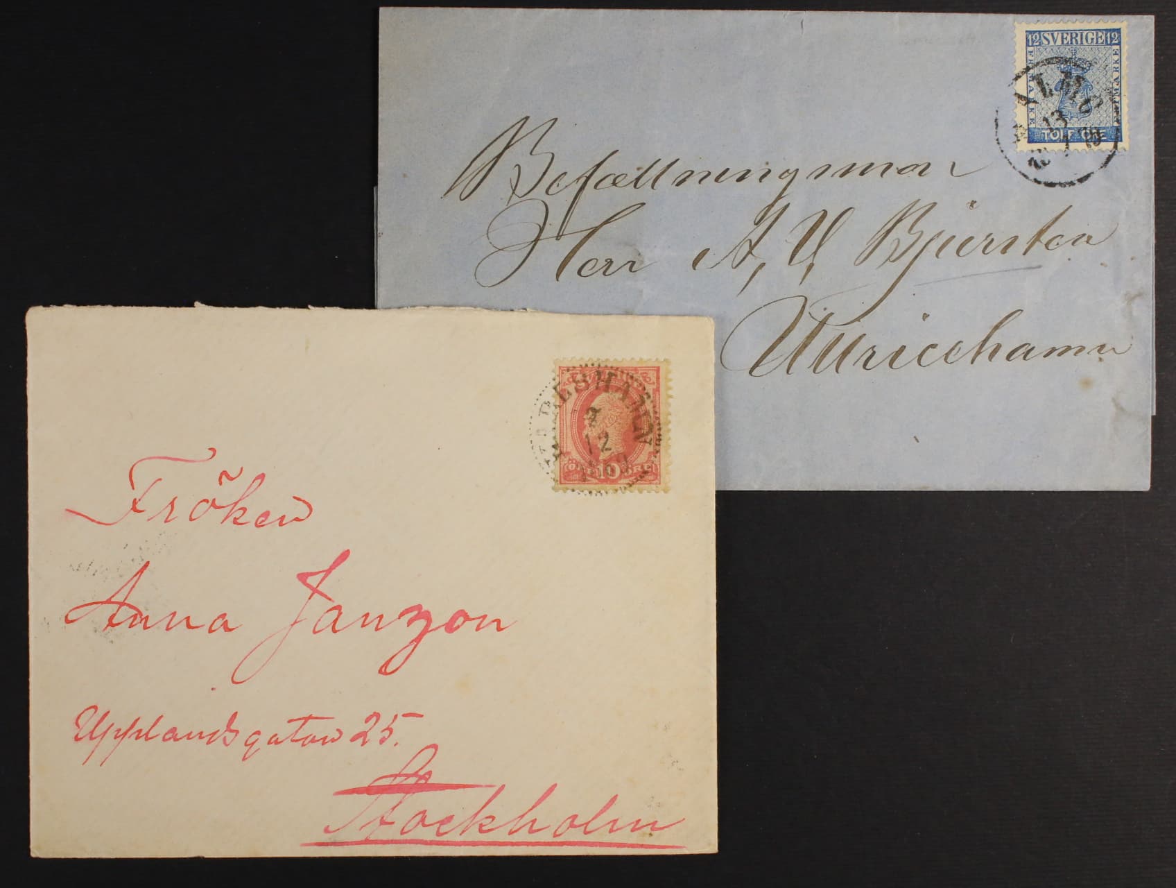 skl. dopis frank. zn. Mi. č. 9, pod. raz. MALMÖ 13.7.1870 a obálka frank. zn. Mi. č. 28, pod. raz. KARLSHAMN 2.12.1889