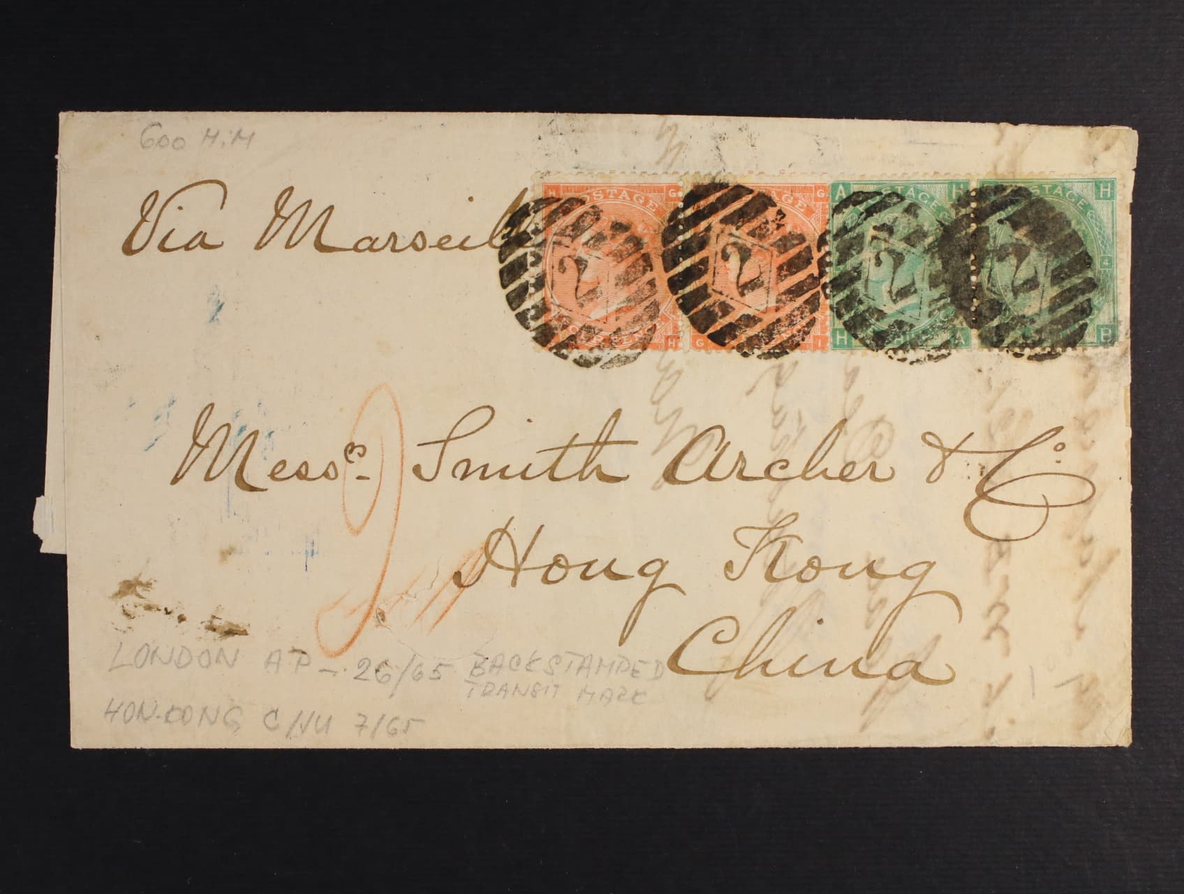 skl. dopis z r. 1865 do Číny frank. zn. Mi. č. 19 a 27 ve vodorovných dvoupáskách, pod. číselné raz. 2 + DR LONDON AP-26 1865, přích. raz. HONG-KONG C JU-7.1865, velmi zajímavá destinace, vzácné