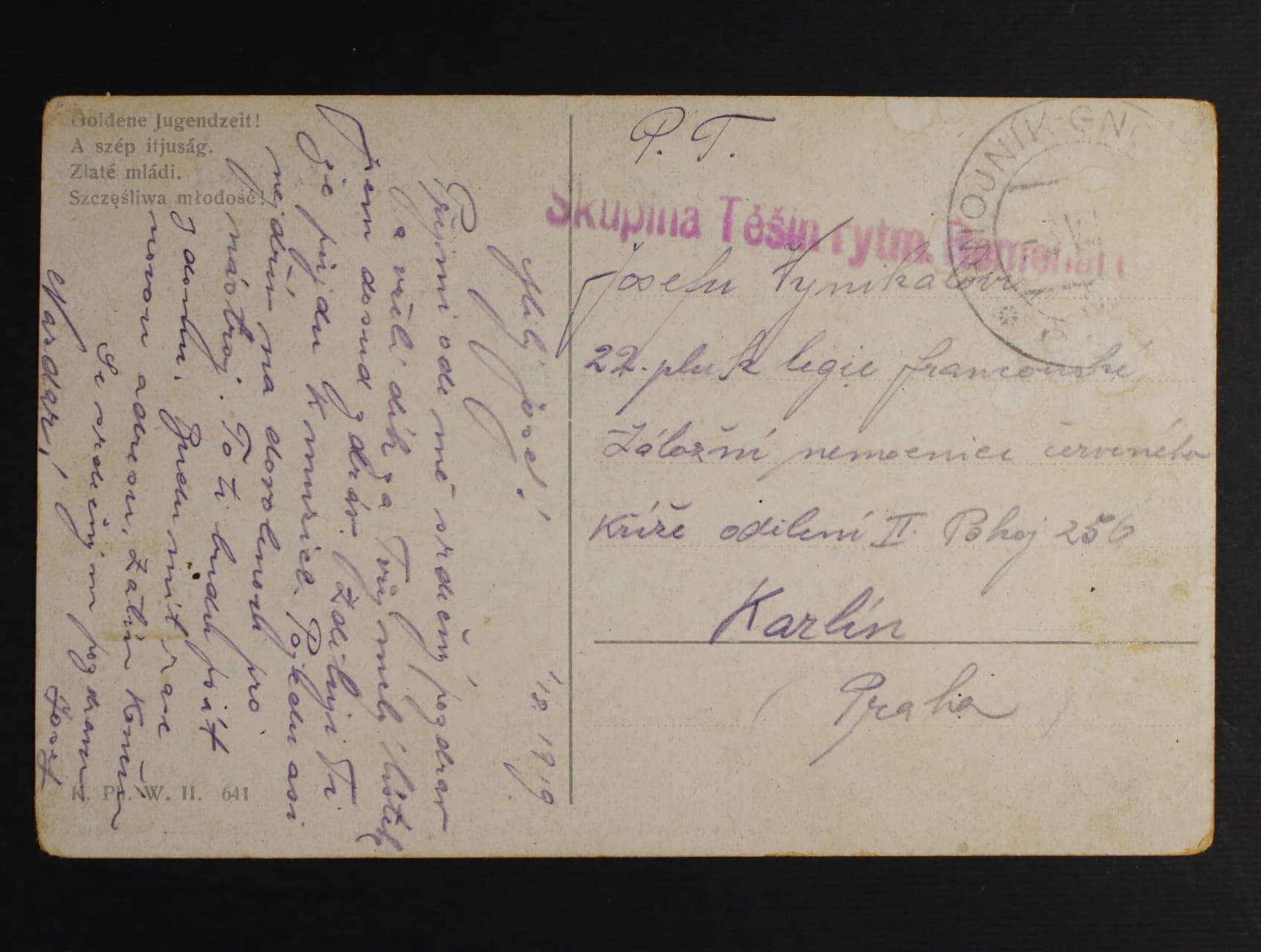 ČSR 1919 - celistvost do Prahy s denním raz. HNOJNÍK 3.8.1919 s příd. řádkovým útvar. raz. Skupina Těšín rytm. Romenal...
