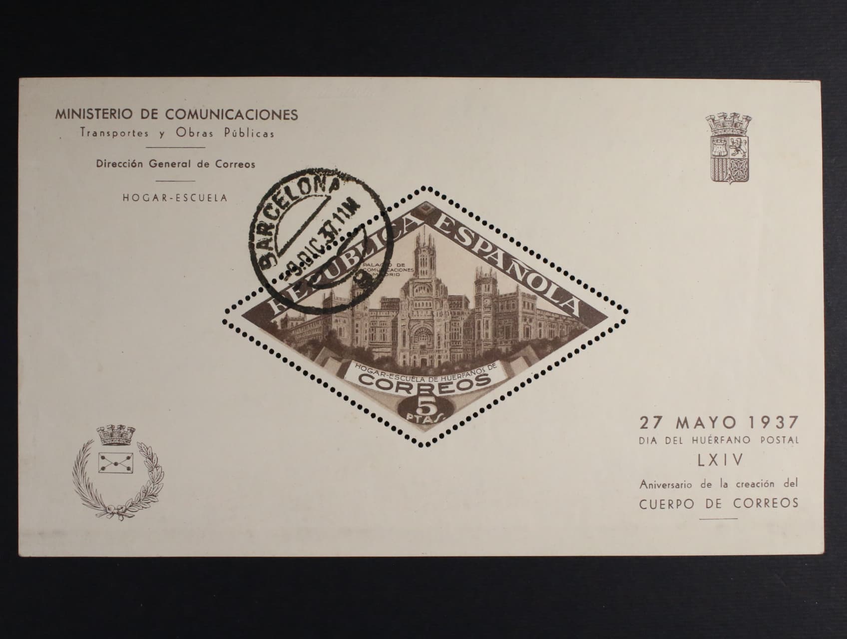 Aršík 5 PTAS ve prospěch sirotků vydaný Mimisterstvem dopravy, pošt a komunikací ke dni 27.5.1937 s razítkem BARCELONA 29.DIG.37