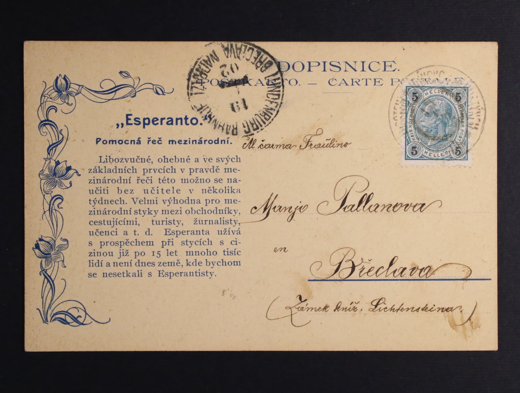 Esperanto - propag. dopisnice "Esperanto" Pomocná řeč mezinárodní, zaslaná do Břeclavi, pod. dvojjazyčné raz. BYSTŘICE POD HOSTÝNEM 18.6.1902, dvojjazyčné přích. raz. BŘECLAV NÁDRAŽÍ 19.6.1902