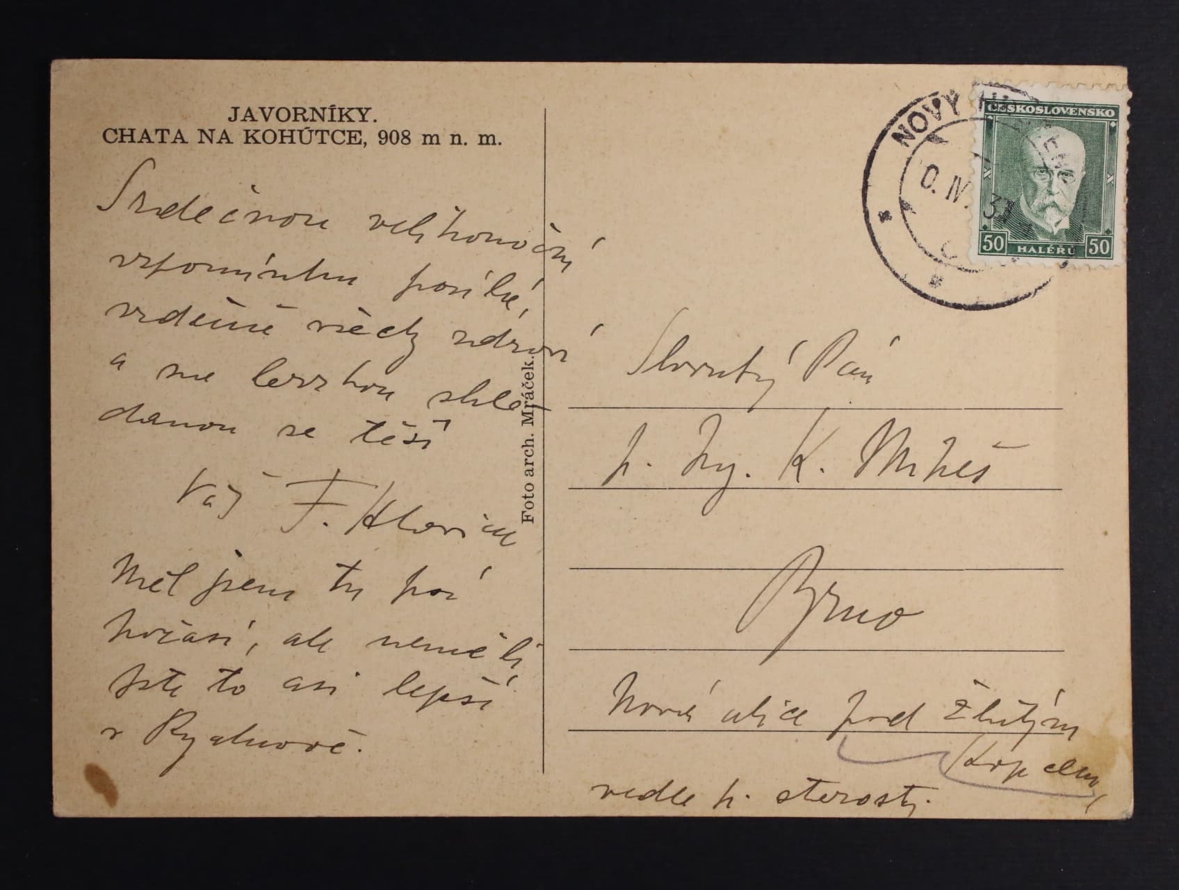 Hlavica F. 1885 - 1952, akad. malíř - pohlednice do Brna s textem a vlastnoručním podpisem