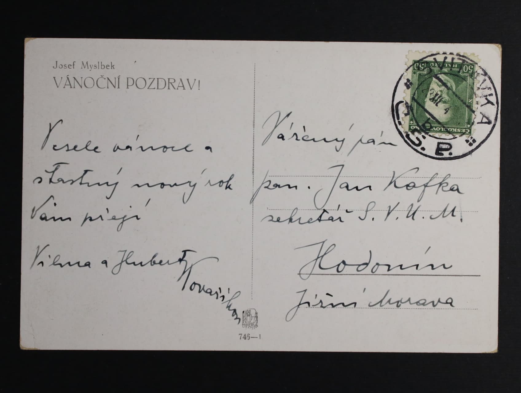 Kovařík Hubert 1888 - 1958, český sochař období art deco - pohlednice s textem a vlastnoručním podpisem