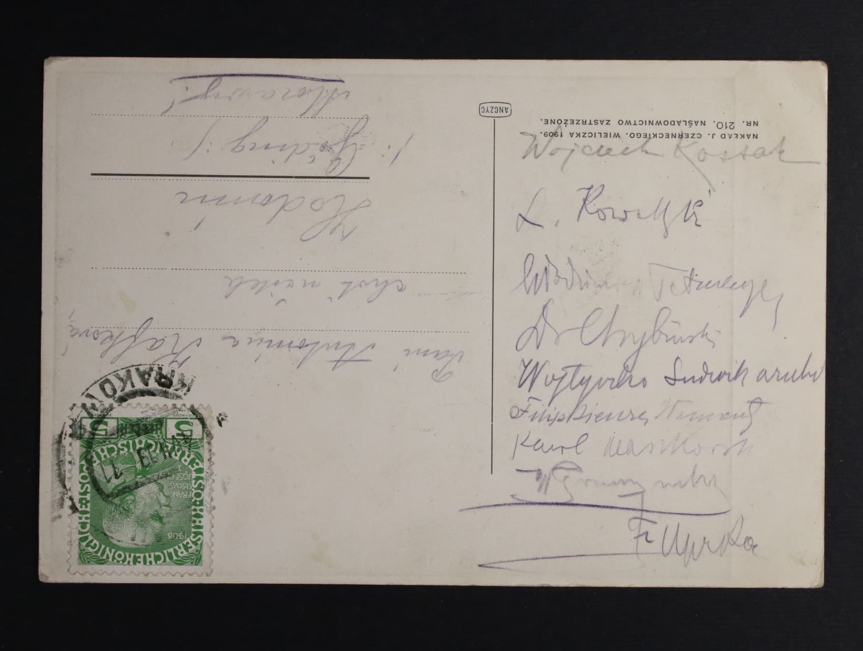 Úprka František 1868 - 1929, český sochař - pohlednice z Krakova s vlastnoručním podpisem + podpisy několika polských malířů a sochařů