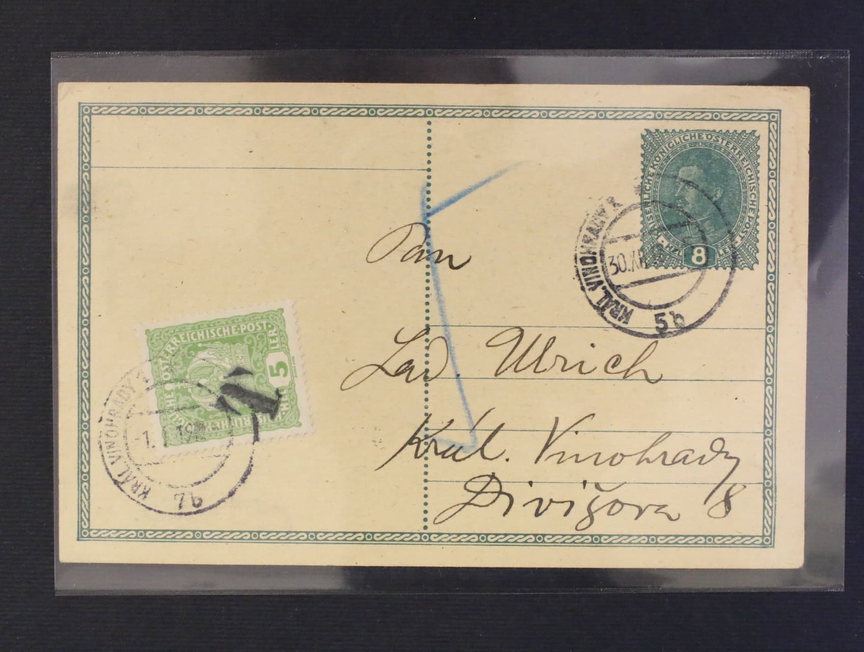 Predbežne - rak. KL 8h Karel s pod. raz. KRÁLOVSKE VINOHRADY 5b 30.12.18, dofrank. proviz. dopl. zn. 5h, prich. raz. KRALOVSKE VINOHRADY 7b 1.1.1919