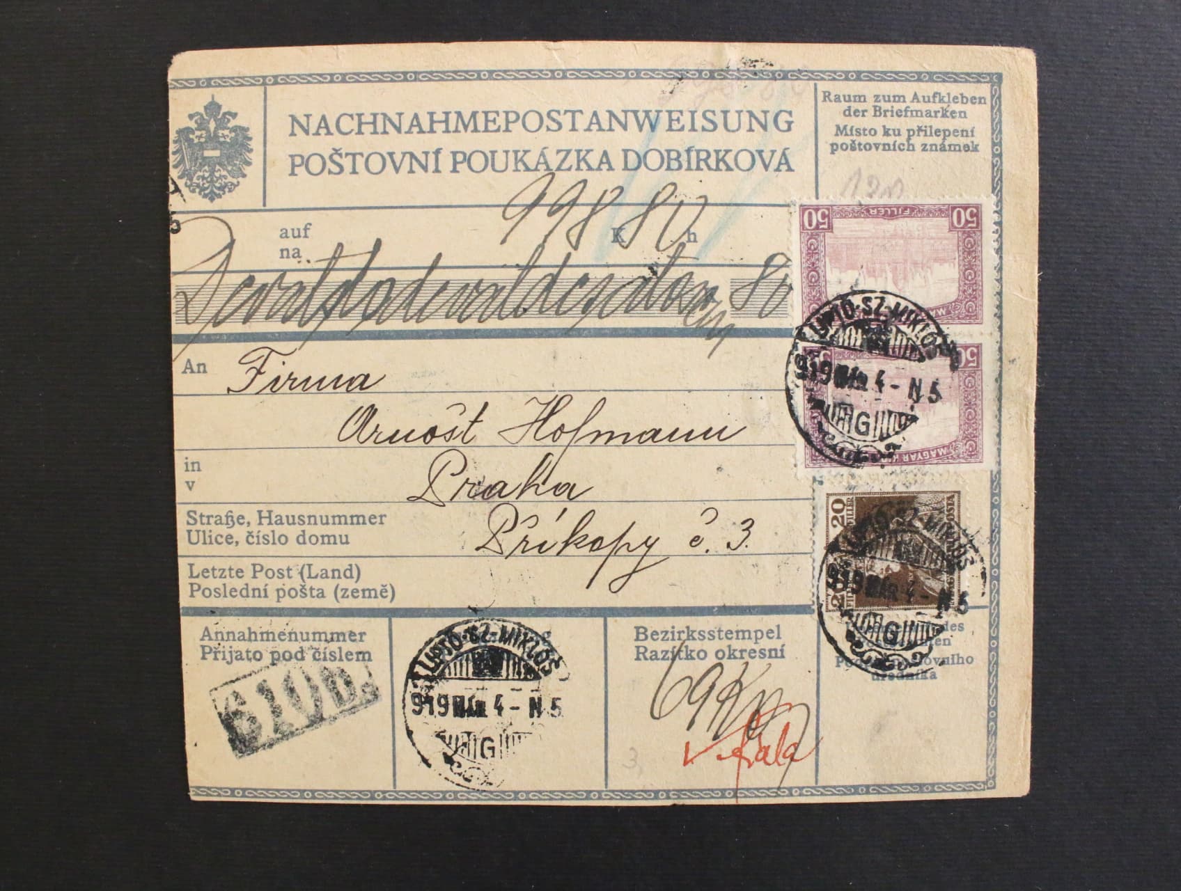rak. dvoudilna dvoujazycna dobirkova pruvodka frank. dvoupaskou zn. P č. 39 (Mi. 200), P 52 (Mi. 215), pod. raz. LIPTO - SZ - MIKLOS 4.března 19