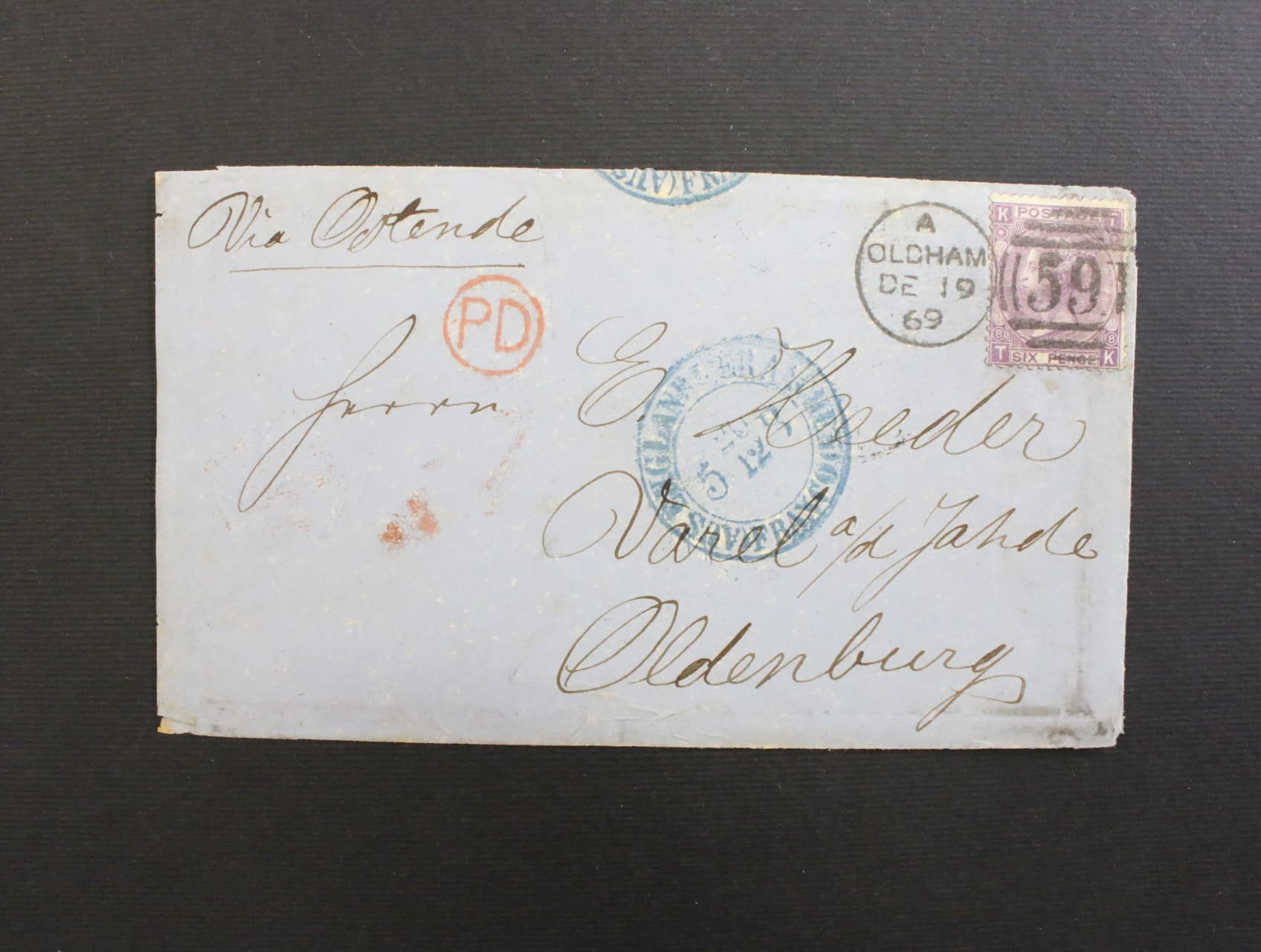 skl. dopis z r. 1869 do Německa frank. zn. Mi. č. 30, pod. čis. raz. 59 + denni raz. OLDHAM 19.DE.69 + pruch. a prich. raz.