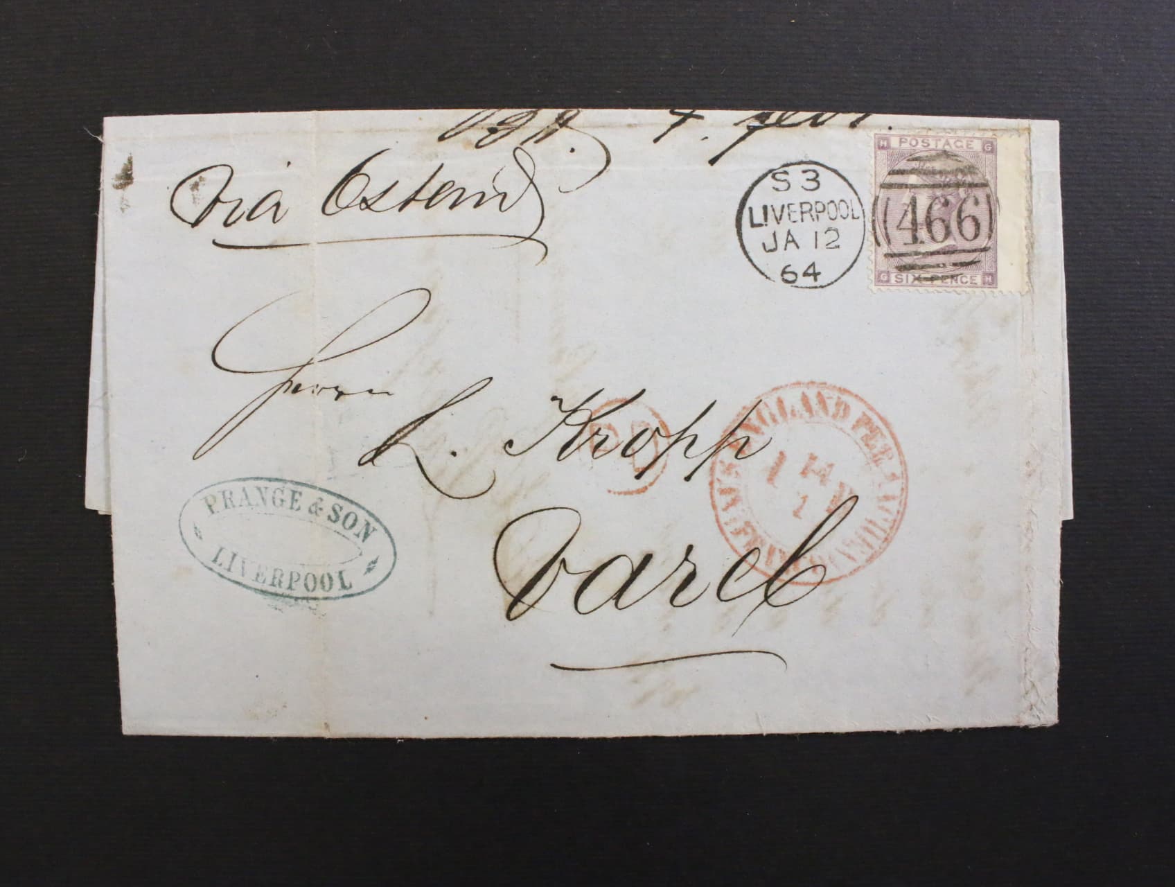 skl. firemni dopis z r. 1864 frank. zn. Mi. č. 20 s pravym okrajem s pod. čis. raz. 466 + denni raz. LIVERPOOL 12.JA.64, dobra kvalita