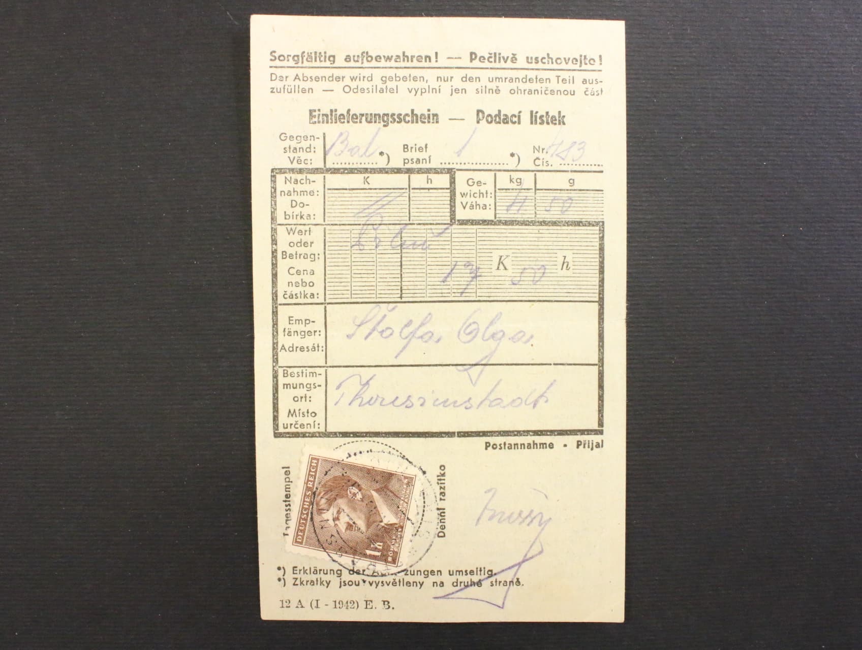 Terezin - dvojjazycny pod. listek na balik do Terezina, pod. raz. STRASSNITZ 30.6.40
