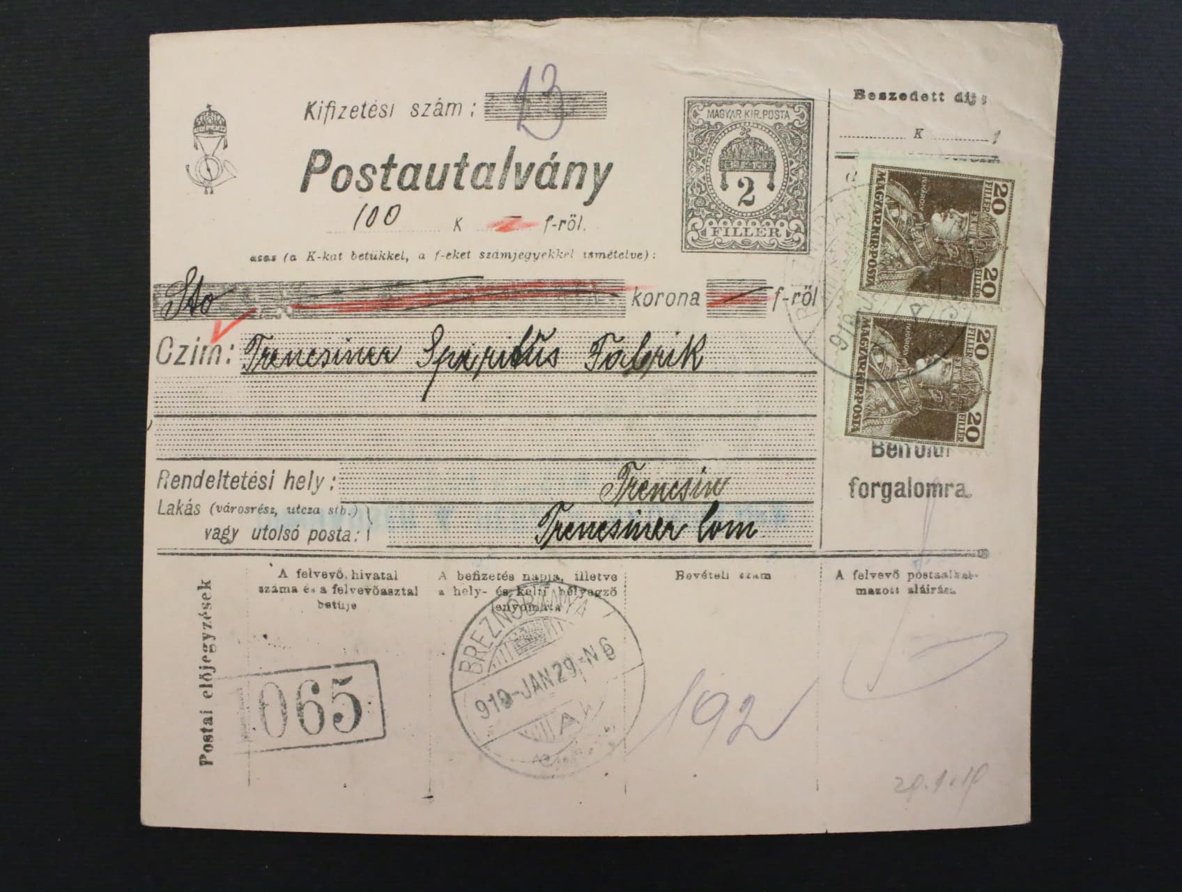 dvoudilna uherska post. pruvodka frank. zn. P č. 52 (Mi. 215) ve vodorovne dvoupasce, pod. raz. BREZNOBANIA (B. Bystrica) 29.1.19