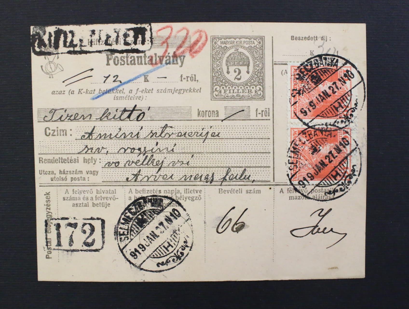 dvoudilna uherska post. pruvodka 2fil dofrank. zn. P č. 50 (Mi. 213) ve vodorovne dvoupasce, pod. raz. SELMECZBANIA (Banska Stiavnica) 27.1.1919, velmi dobra kvalita