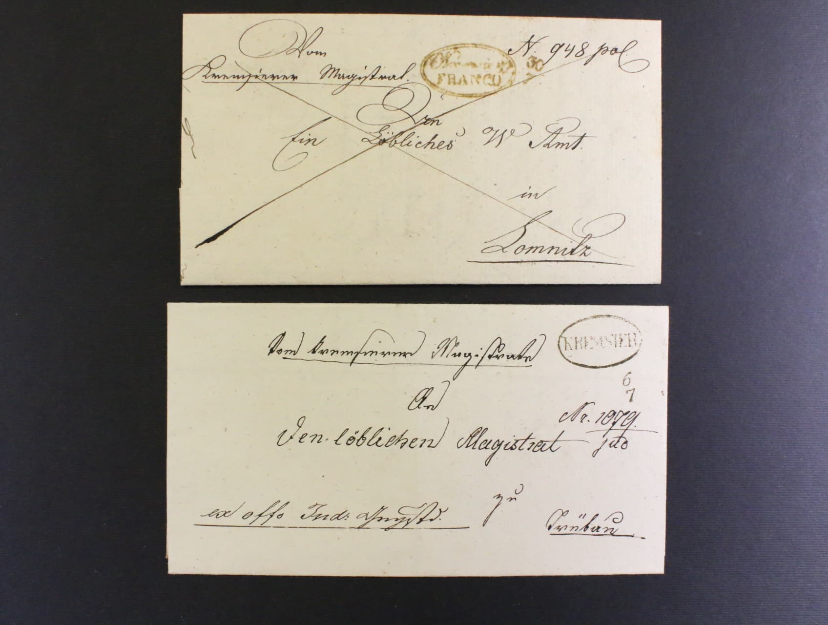 skl. dopis z r. 1839 do Lomnice s ovalnym raz. KREMSIER FRANCO a dopis z r. 1848 s ovalnym raz. KREMSIER, dobra kvalita