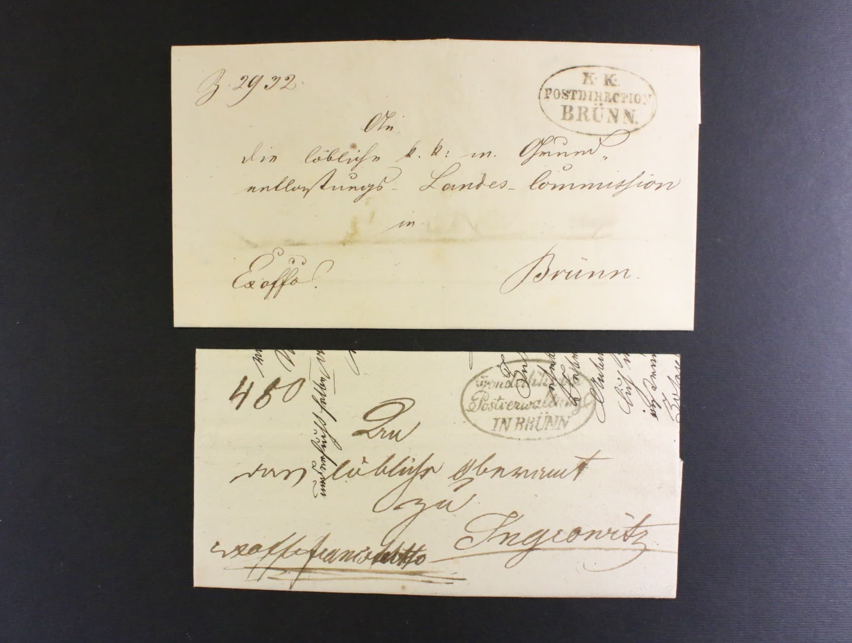 dva skl. sluzebni dopisy z r. 1837 a 1851 se sluzebnimi raz. POSTDIRECTION BRÜNN, dobra kvalita