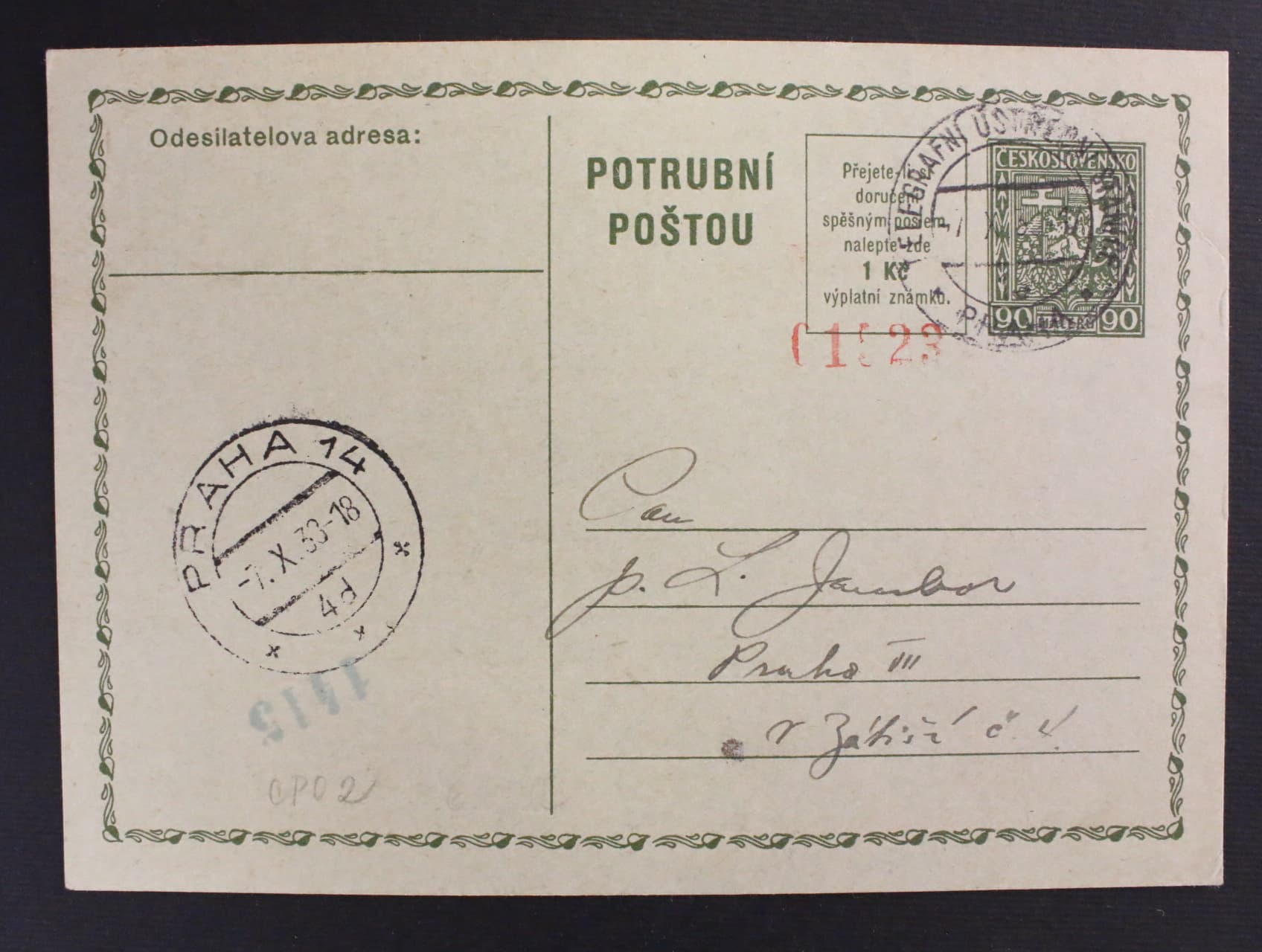 CPO č. 2, typ II, neprifrank., pod. raz. TELEGRAFNI USTŘEDNÍ STANICE 7.10.38, prich. raz. PRAHA 14, dobra kvalita, kat. cena 1000 Kc