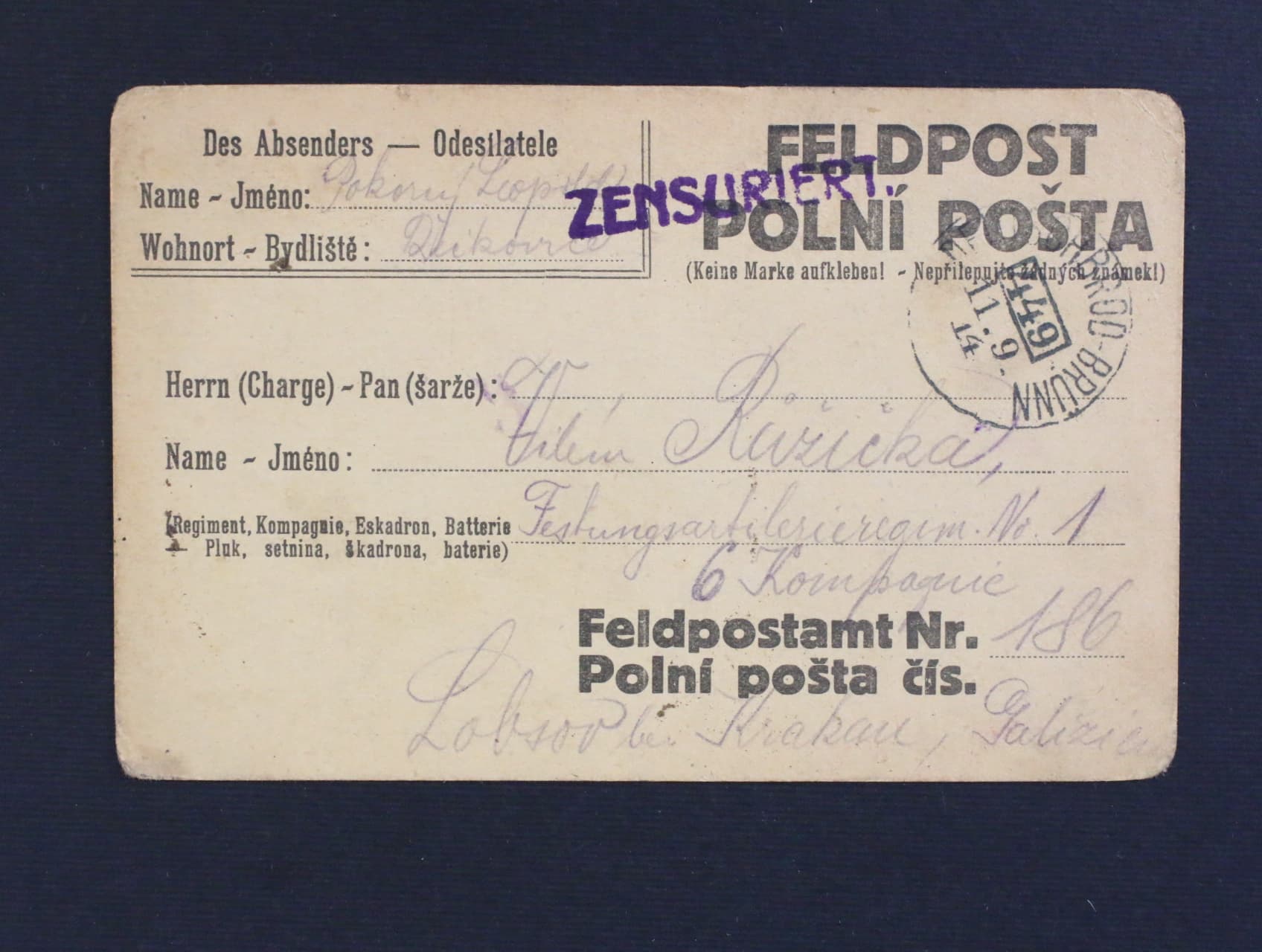 Rakousko - KL PP s raz. VLP č. 449 DEUTSCHBROD - BRÜNN 11.9.14, prid. radkove raz. ZENSURIERT