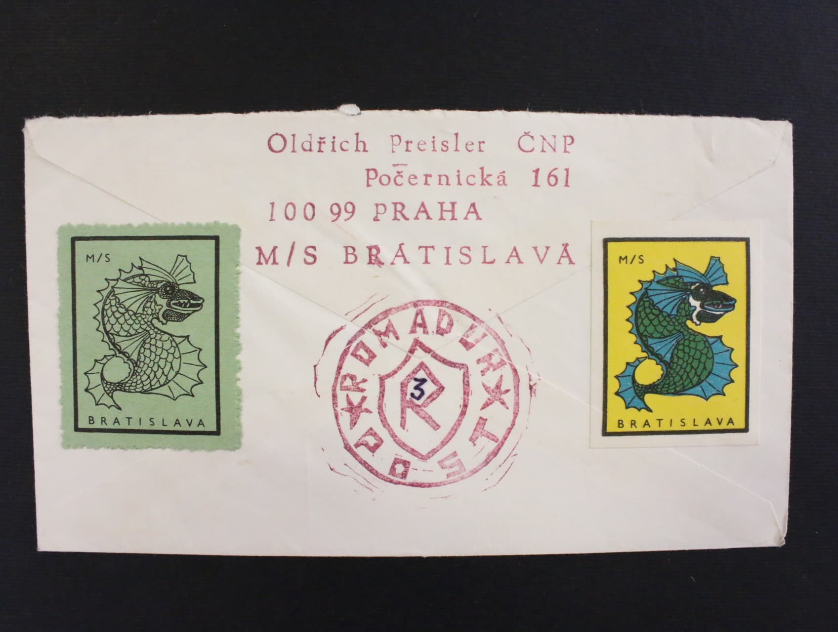 dopis do Brna s frankotypem CSL NAMOŘNÍ PLAVBA 30.12.82, na zadni straně dopisu nálepky a otisk ručniho raz. M/S BRATISLAVA