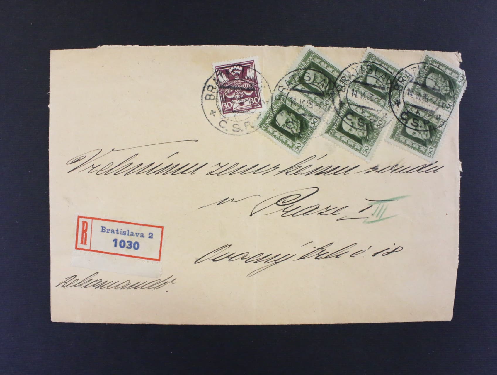 R-dopis frank. zn. č. 188 A (3x dvoupÁska), 150, pod. raz. BRATISLAVA 14.6.26