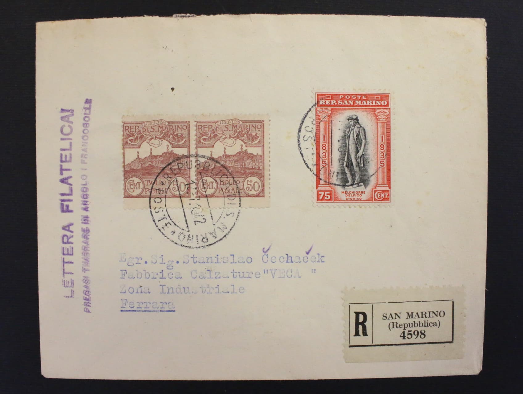 R-dopis do Italie frank. zn. Mi. č. 116 ve vodorovné dvoupásce + 223, pod. raz. SAN MARINO 12.7.42, pruch. a přich. raz.