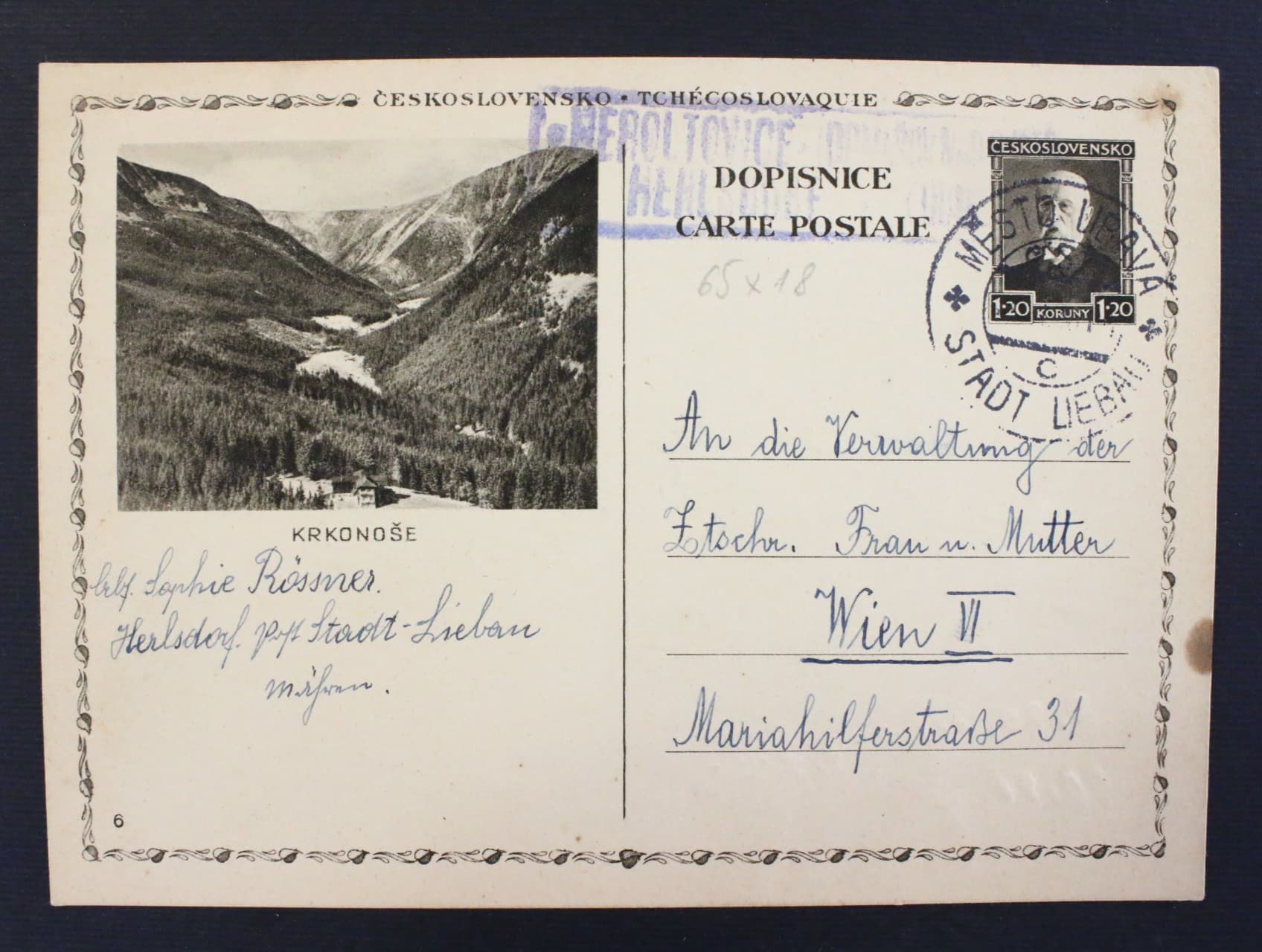 CDV 46/6 do Vidně, pod. raz. MĚSTO LIBAVA 17.2.33 + ramec. raz. poštovny HEROLTICE ...