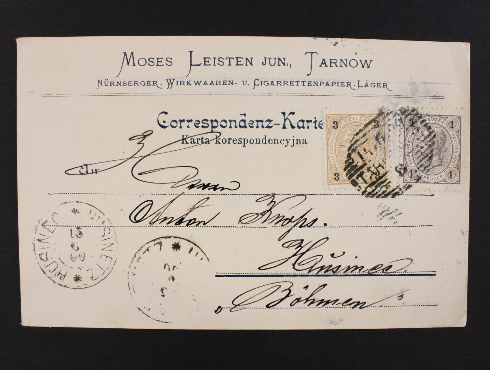 firemni KL frank. smis. frankaturou 3h + 1kr, Fe. č. 50 + 71, pod. raz. TARNOV 14.6.1900, pruch. a přích. raz., dobra kvalita