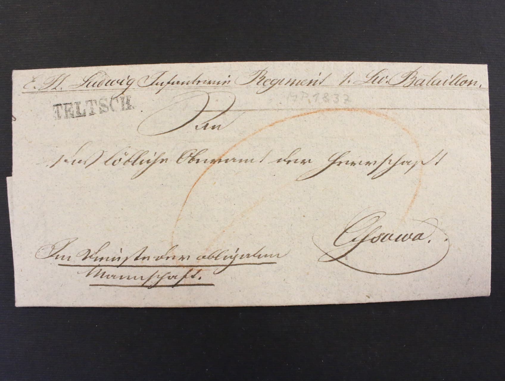 skl. vojensky dopis z r. 1837 s řádkovym pod. raz. TELTSCH