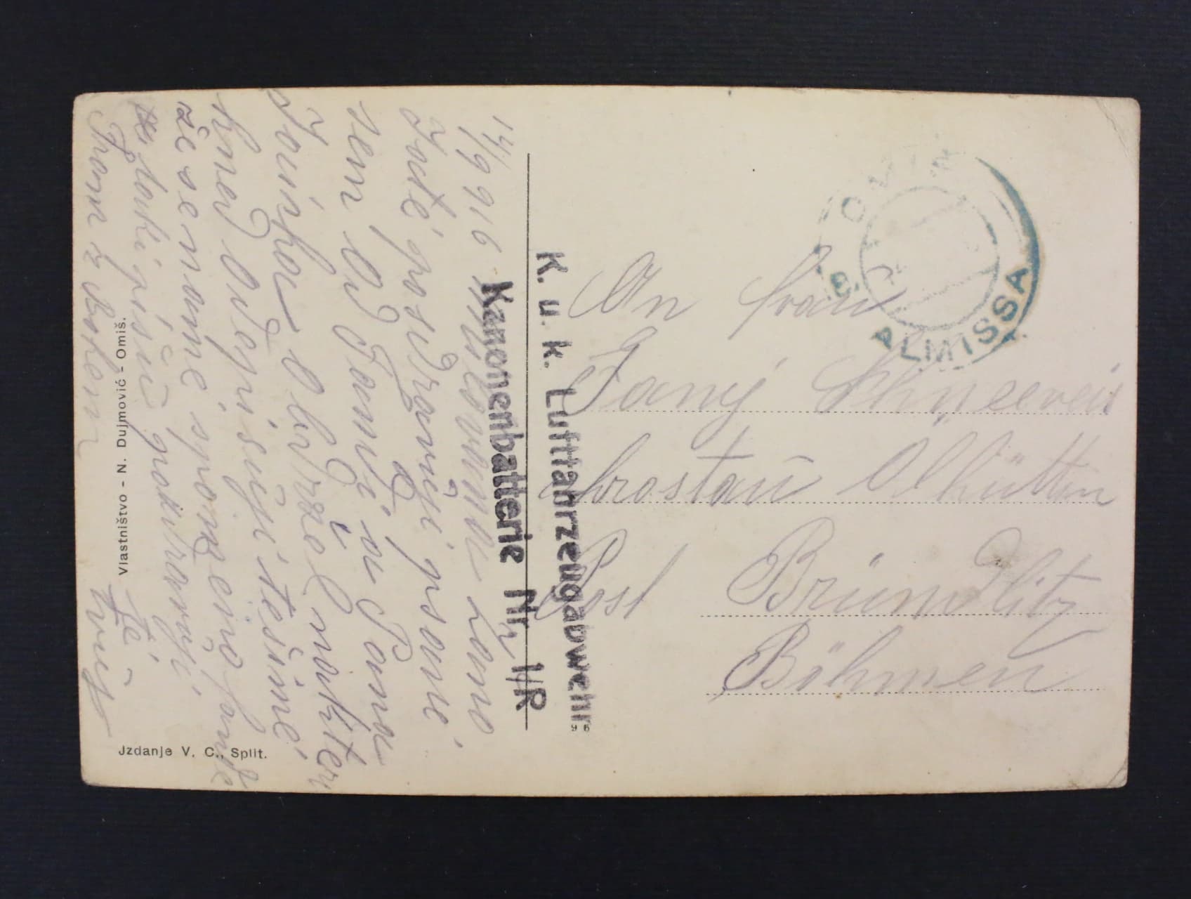 celistvost s pod. raz. ALMISSA 14.9.1916 + utvar. řádkove raz. K.u.K. Luftfahrzeugabwehr: Kanonenbatterie Nr. 1/R