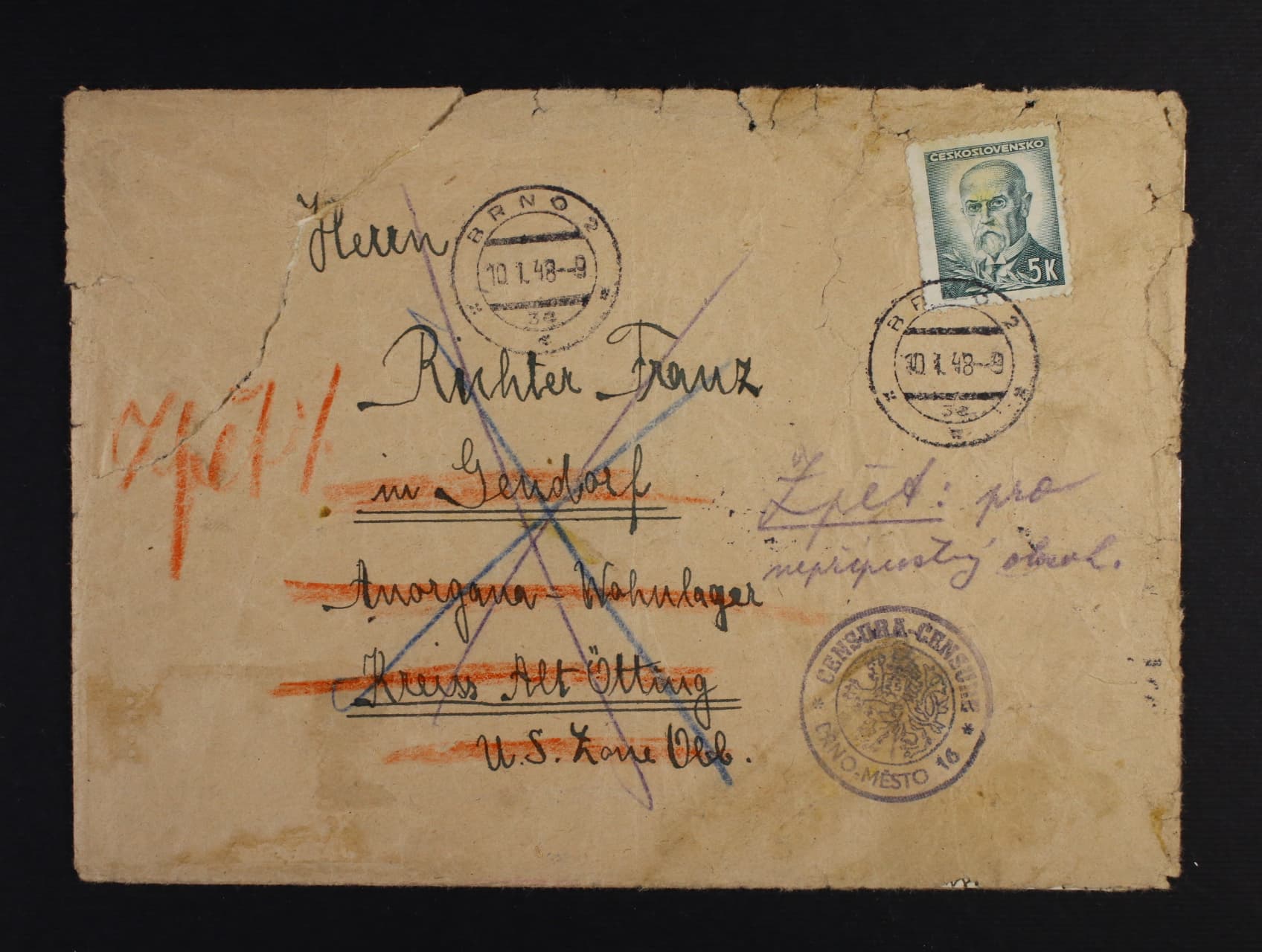 kompl. dopis i s obsahem do US zóny, frank. zn. č. 424 s pod. raz. BRNO 2 10.1.48 s poznámkou zpět pro nepřípustný obsah + kulaté cenzurní raz. BRNO MĚSTO 16 a přích. raz. BRNO 2 27.1.48, stopy pošt.