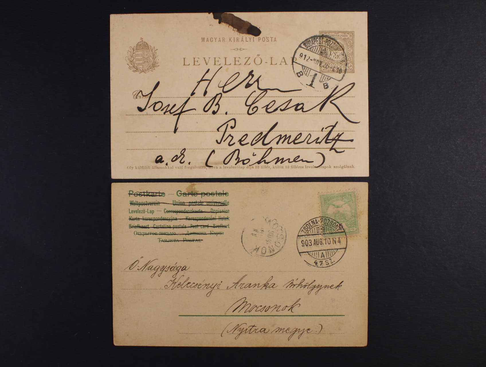 bar. litografie frank. maďarskou zn. 5fil Turul s raz. VLP č. 47. SZ. ZSOLNA - POZSONY a uherský KL 5fil cís. koruna s pod. raz. VLP BUDAPEST - POZSONY 26.NOV.1912, zajímavé