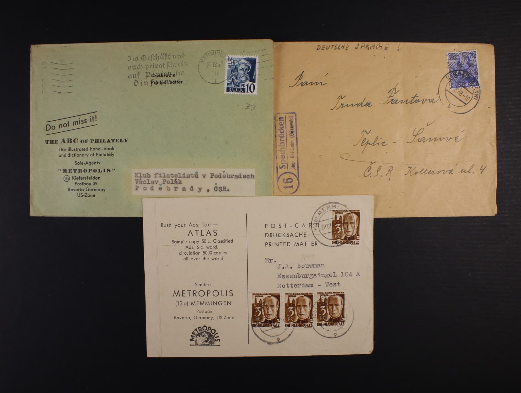 francouzská + americká zóna - celistvost frank zn. Baden Mi. č. 17 (4x) + celistvost frank. zn. Rheinland - Pfalz Mi. č. 2 (4x) a celistvost frank. zn. společného vydání Mi. č. 48 II, zajímavé