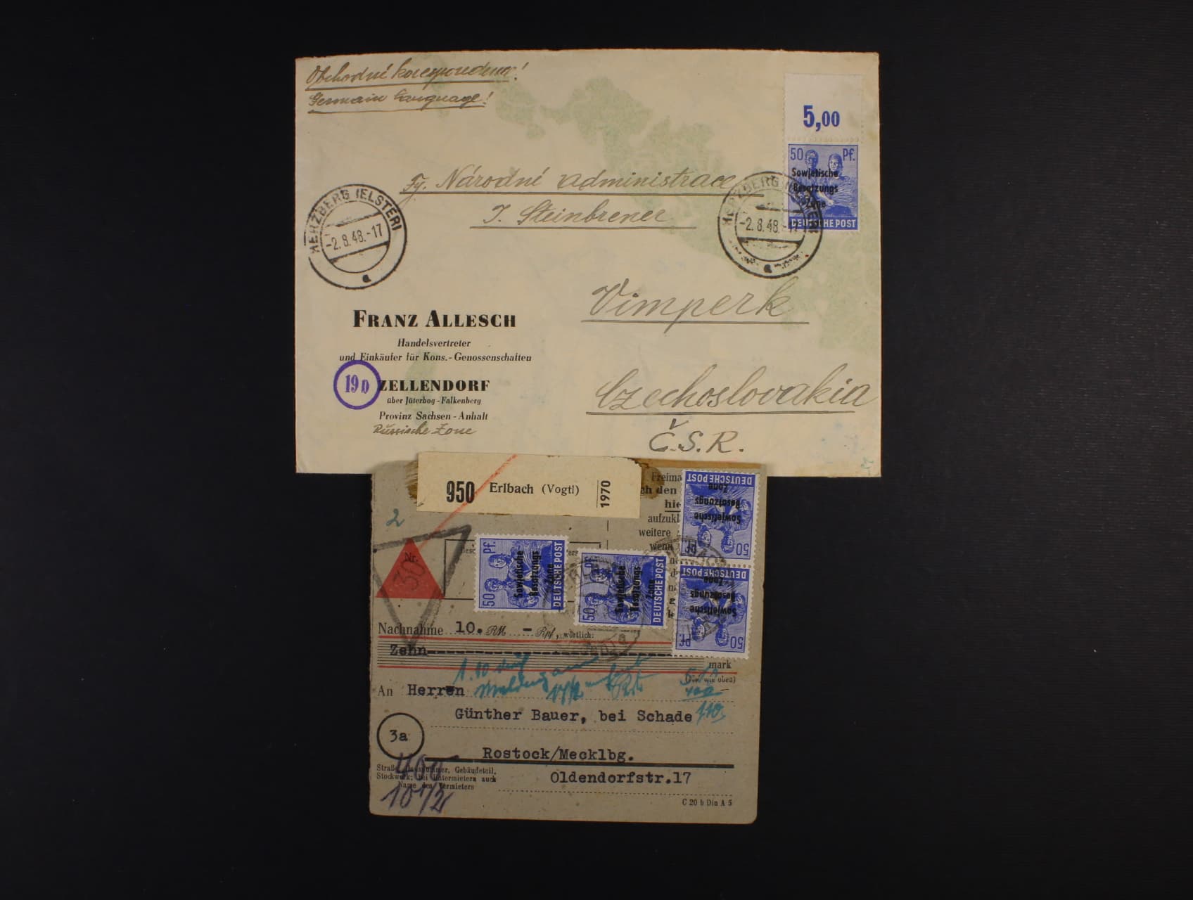 sovětská zóna - R-dopis do ČSR frank. zn. Mi. č. 194, pod. raz. HERZBERG ... 2.8.48 + ústřižek pošt. průvodky frank. na přední i zadní straně zn. Mi. č. 194 (8x), pod. raz. ERLBACH 19.4.48 + přích. ra