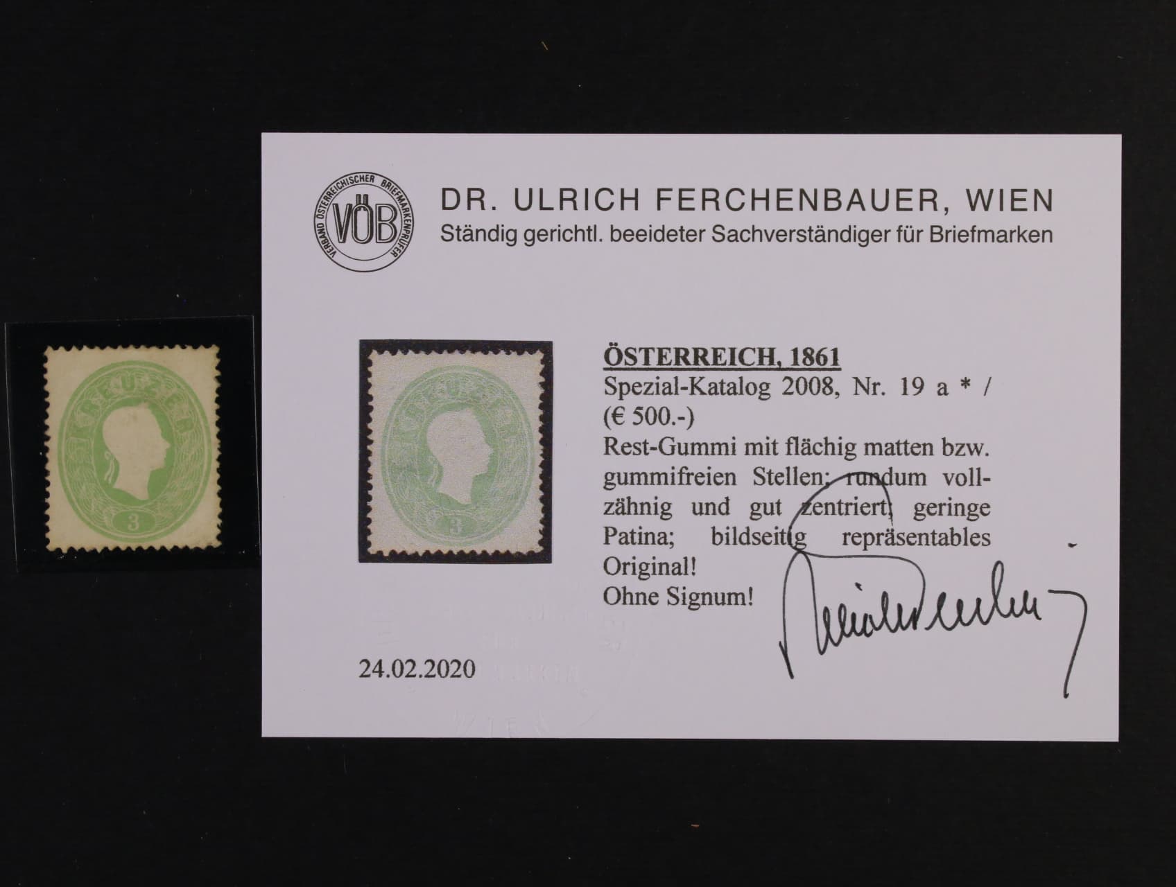 zn. Fe. č. 19a, původní lep, atest Ferchenbauer, 500 EUR