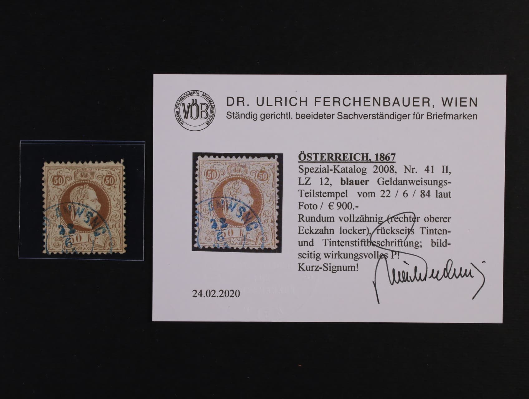 zn. Fe. č. 41 II, 50kr F.J. jemný vous, ŘZ 12, s modrým nekompl. raz. 22.6.84, zk. a atest Ferchenbauer, 900 EUR